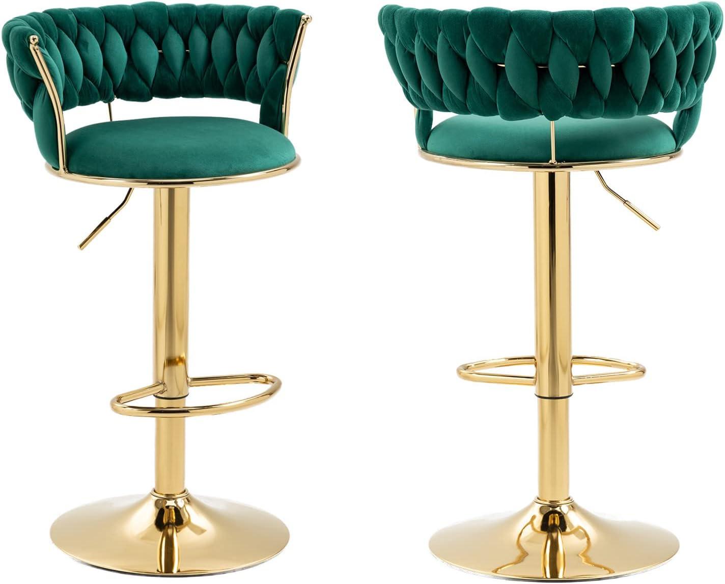 Emerald Green Velvet Adjustable Swivel Bar Stools with Gold Base, Set of 2