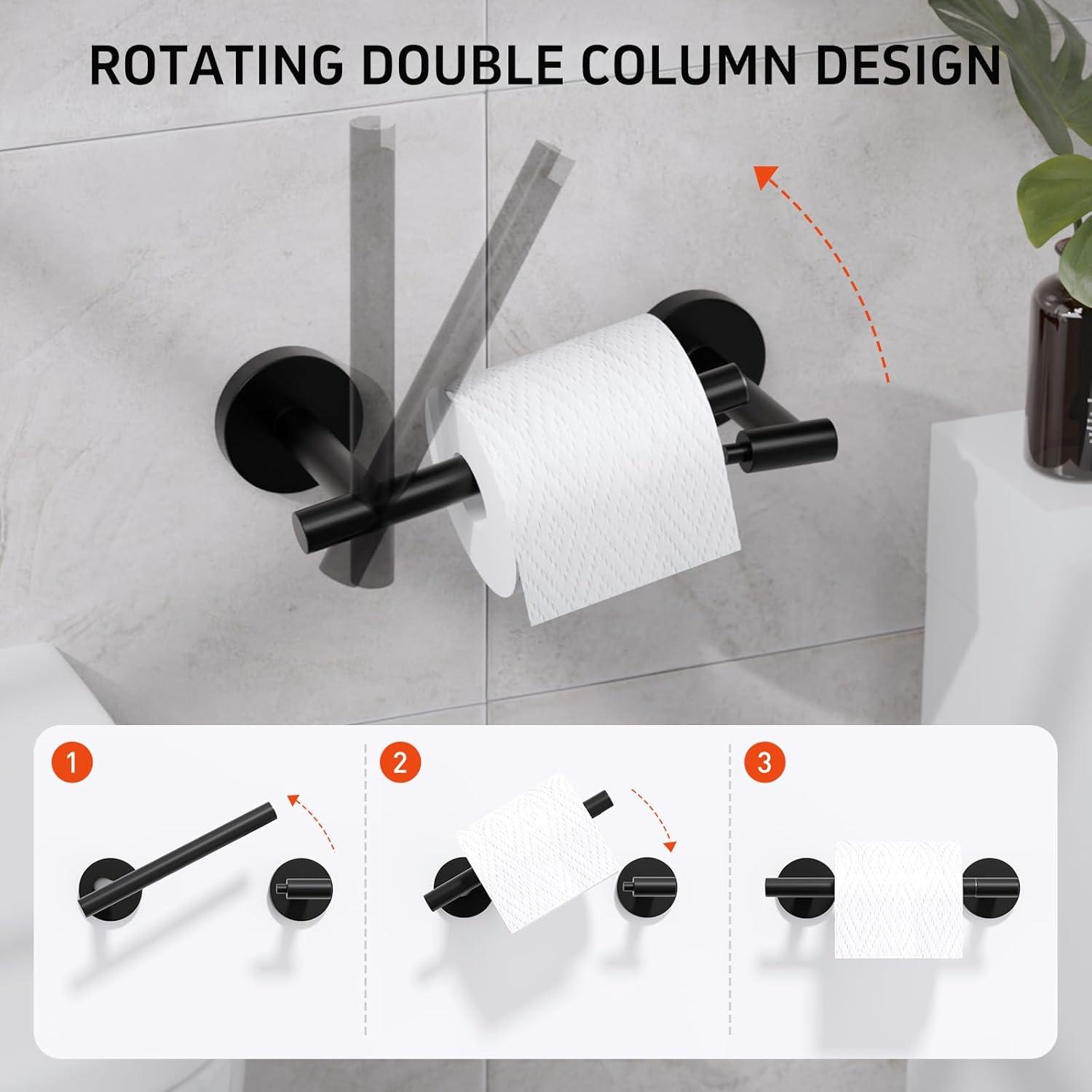 Toiler Paper Holder Wall Mount, Matte Black Toiler Paper Holder, Double Post Pivoting Toilet Paper Roll Holder for Bathroom, SUS 304 Stainless Steel