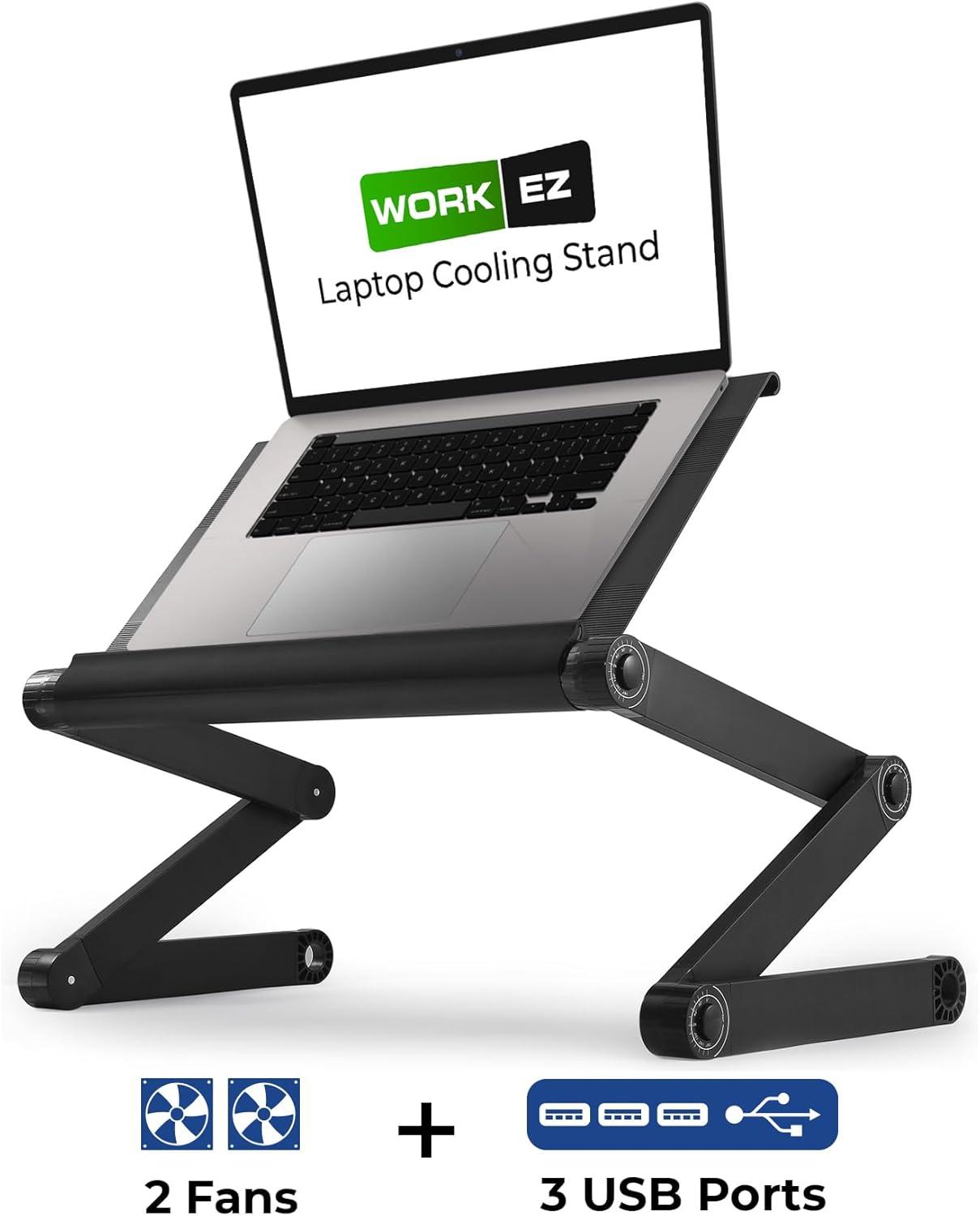 WorkEZ Executive Laptop Cooling Stand Adjustable Laptop Desk for Bed foldable laptop stand with FAN USB Ports computer lap desk for laptop holder for bed laptop table ergonomic laptop stand for bed