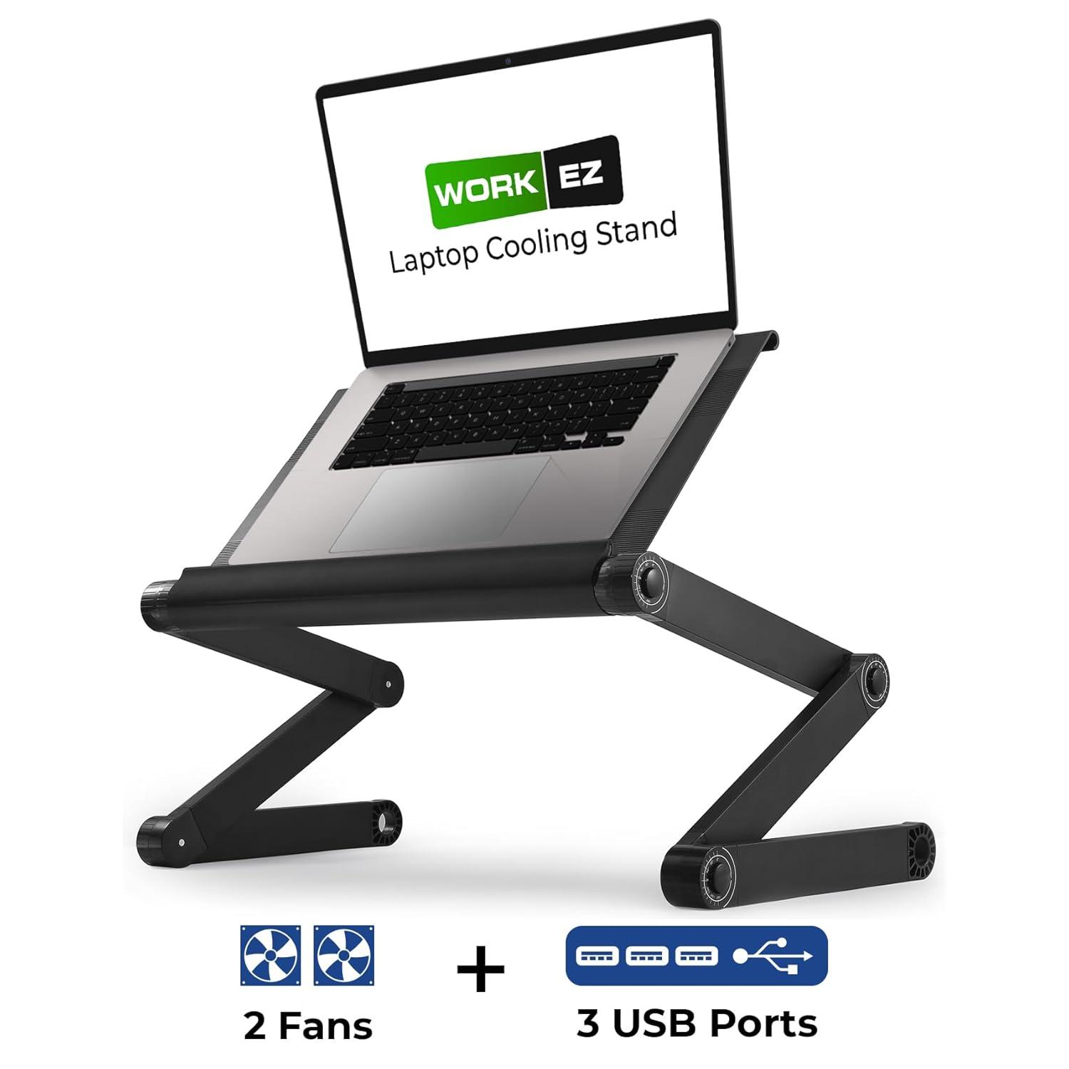WorkEZ Executive Laptop Cooling Stand Adjustable Laptop Desk for Bed foldable laptop stand with FAN USB Ports computer lap desk for laptop holder for bed laptop table ergonomic laptop stand for bed