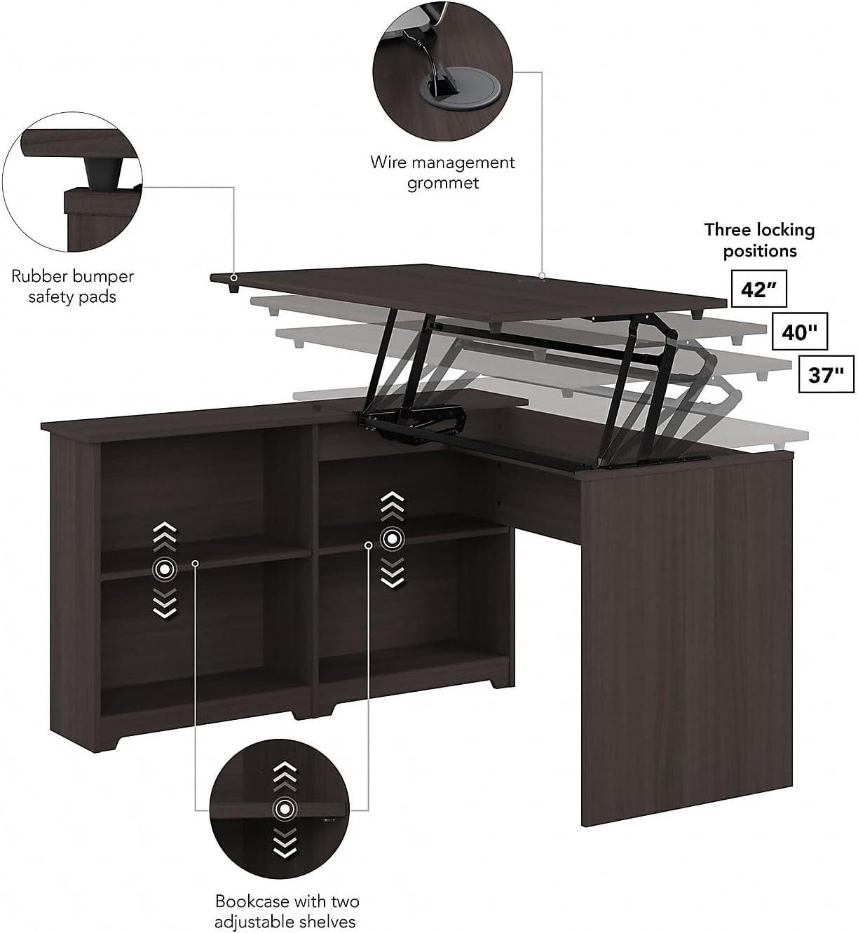 Bush Furniture Cabot 52W 3 Position Sit to Stand Corner Desk with Shelves in Heather Gray