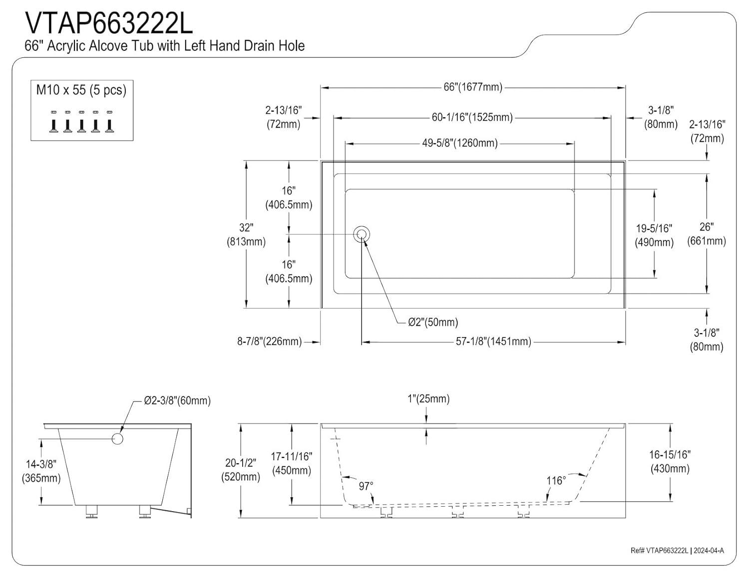Kingston Brass Aqua Eden 66-Inch Acrylic Rectangular 3-Wall Alcove Tub