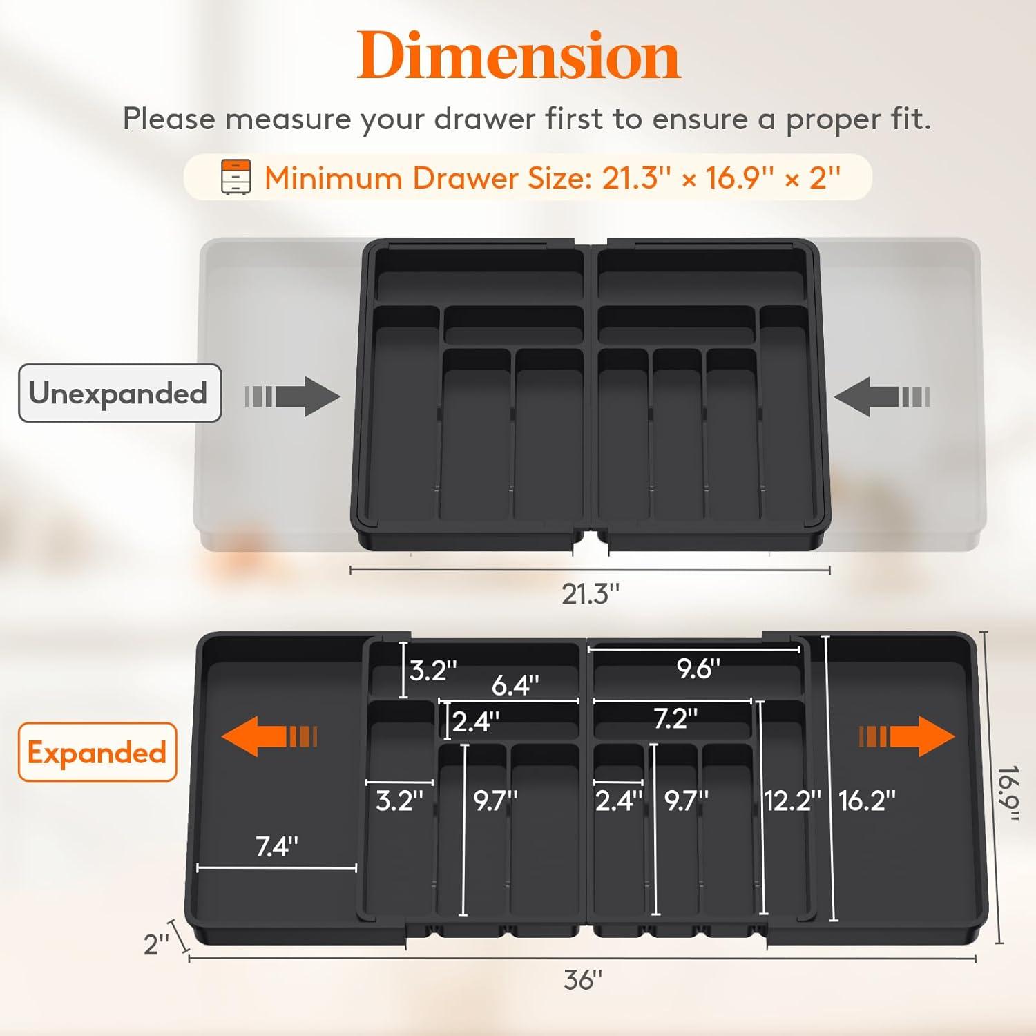 Expandable Black Plastic Silverware Drawer Organizer, 36 Inches Wide