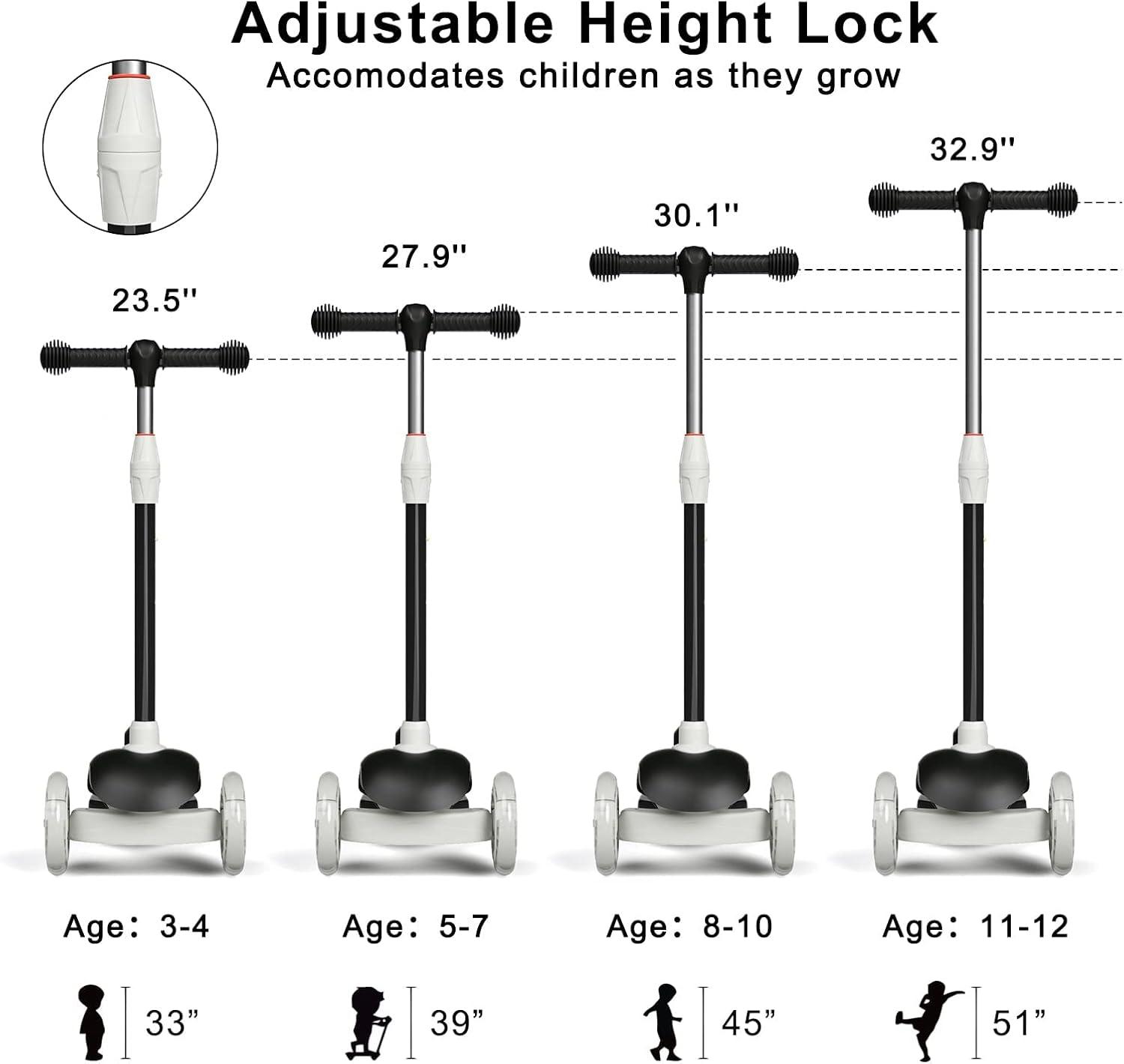 Adjustable Black Aluminum Kids Kick Scooter with Light-Up Wheels