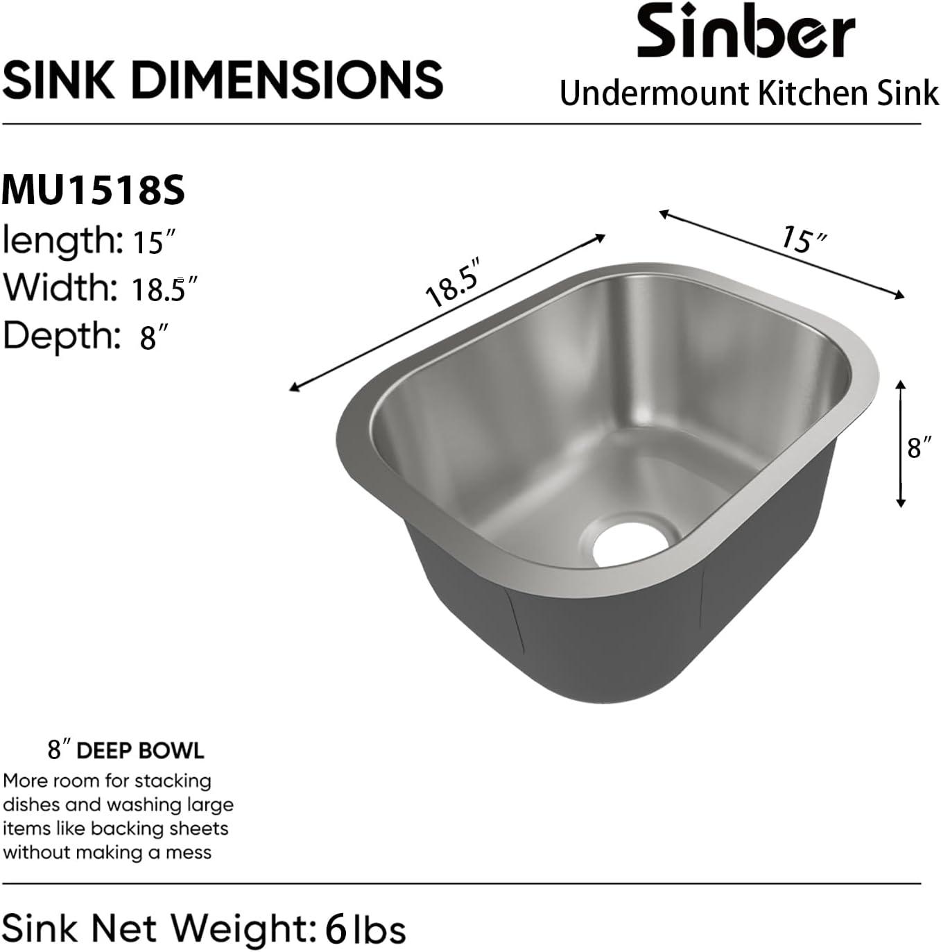 15'' L Undermount Single Bowl Stainless Steel Kitchen Sink