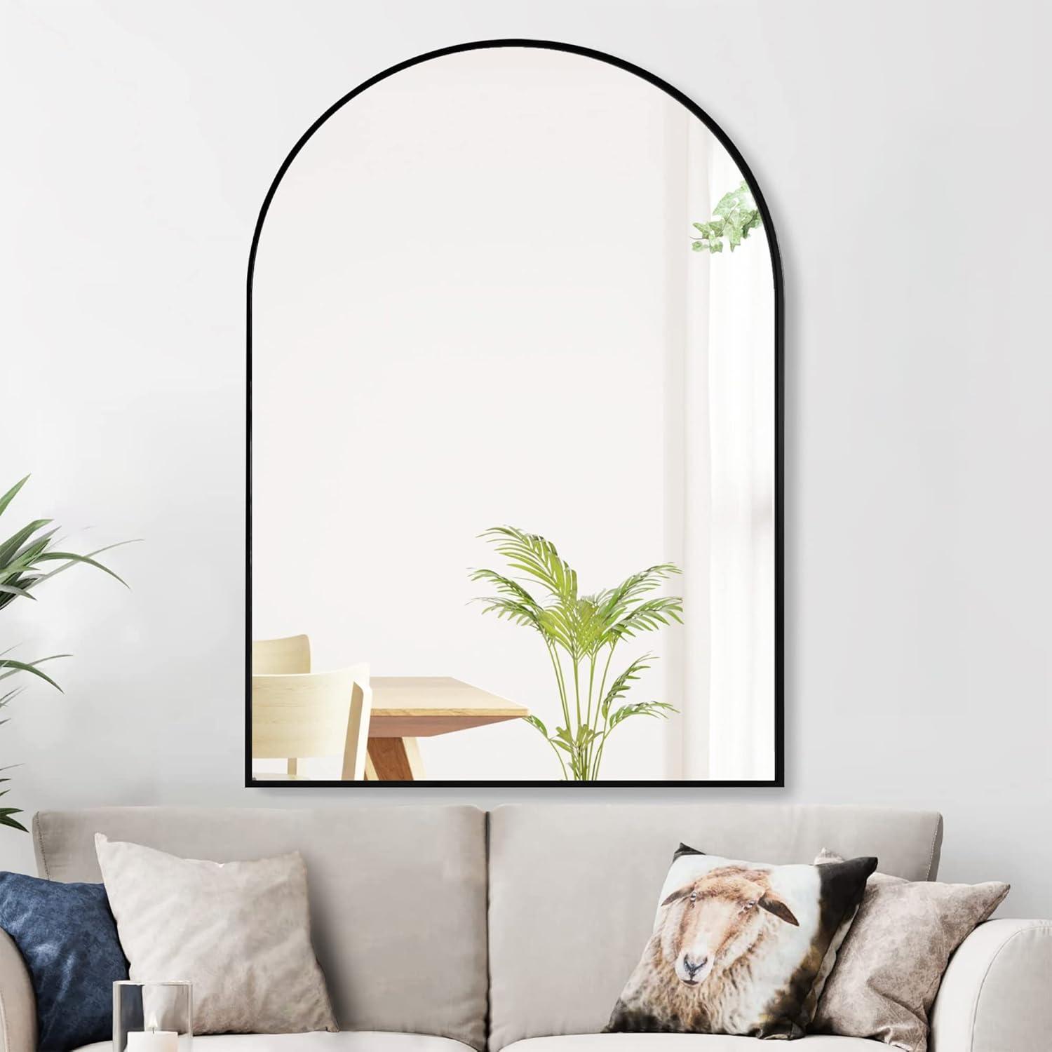 24 in. W x 36 in. H Arched Black Aluminum Alloy Framed Wall Mirror