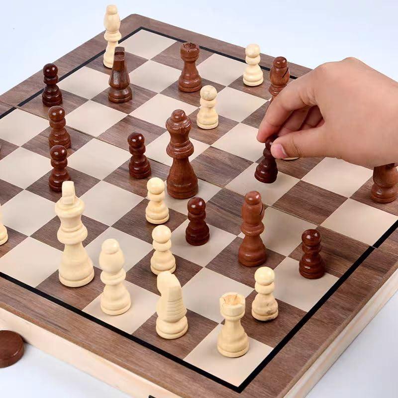 KiddiTouch 15 inch Magnetic Wooden Chess Set 2 in 1 Folding Chess Board Travel Chess Games for Adults and Kids