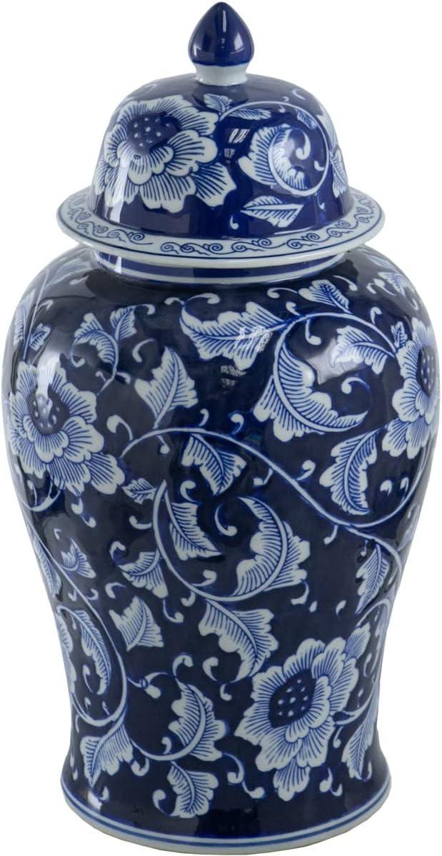 Blue and White Porcelain Floral Ginger Jar with Lid, 18"