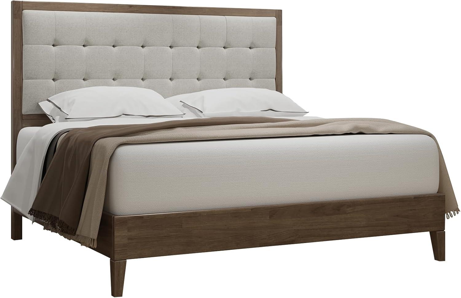 Jocisland Queen Bed Frame, Adult Wood Platform Bed with Upholstered Headboard, Ash Gray