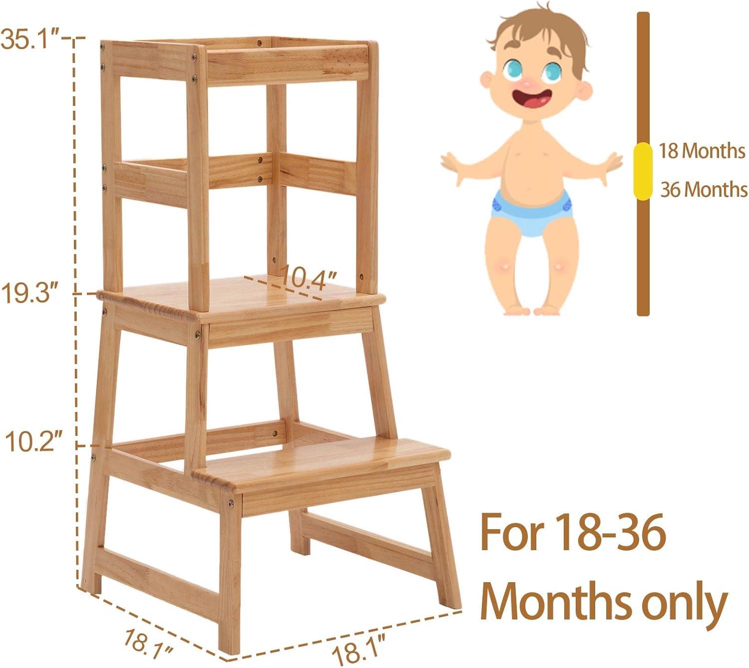 Natural Solid Wood Toddler Kitchen Step Stool with Safety Rail