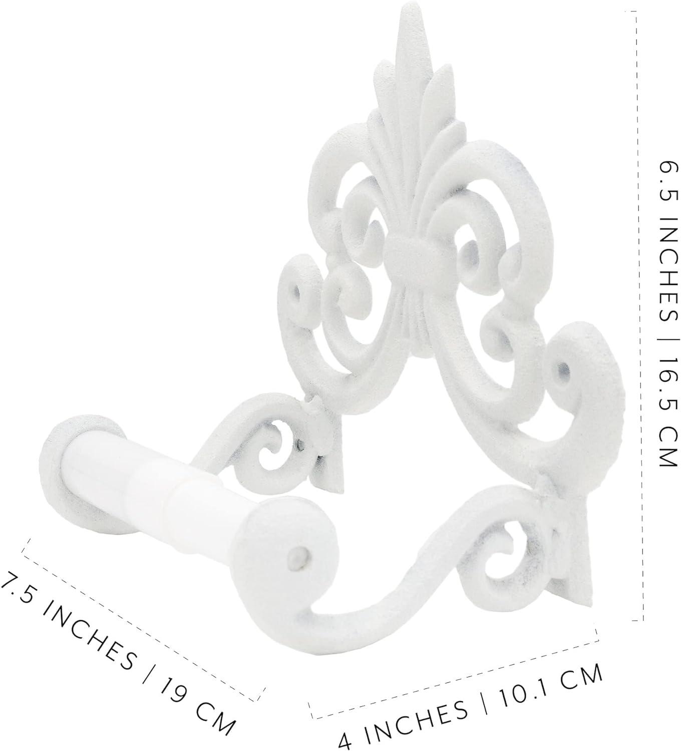 AuldHome Design White Farmhouse Cast Iron Toilet Paper Holder; Wall Mount Vintage Decor Fleur de Lis TP Hanger