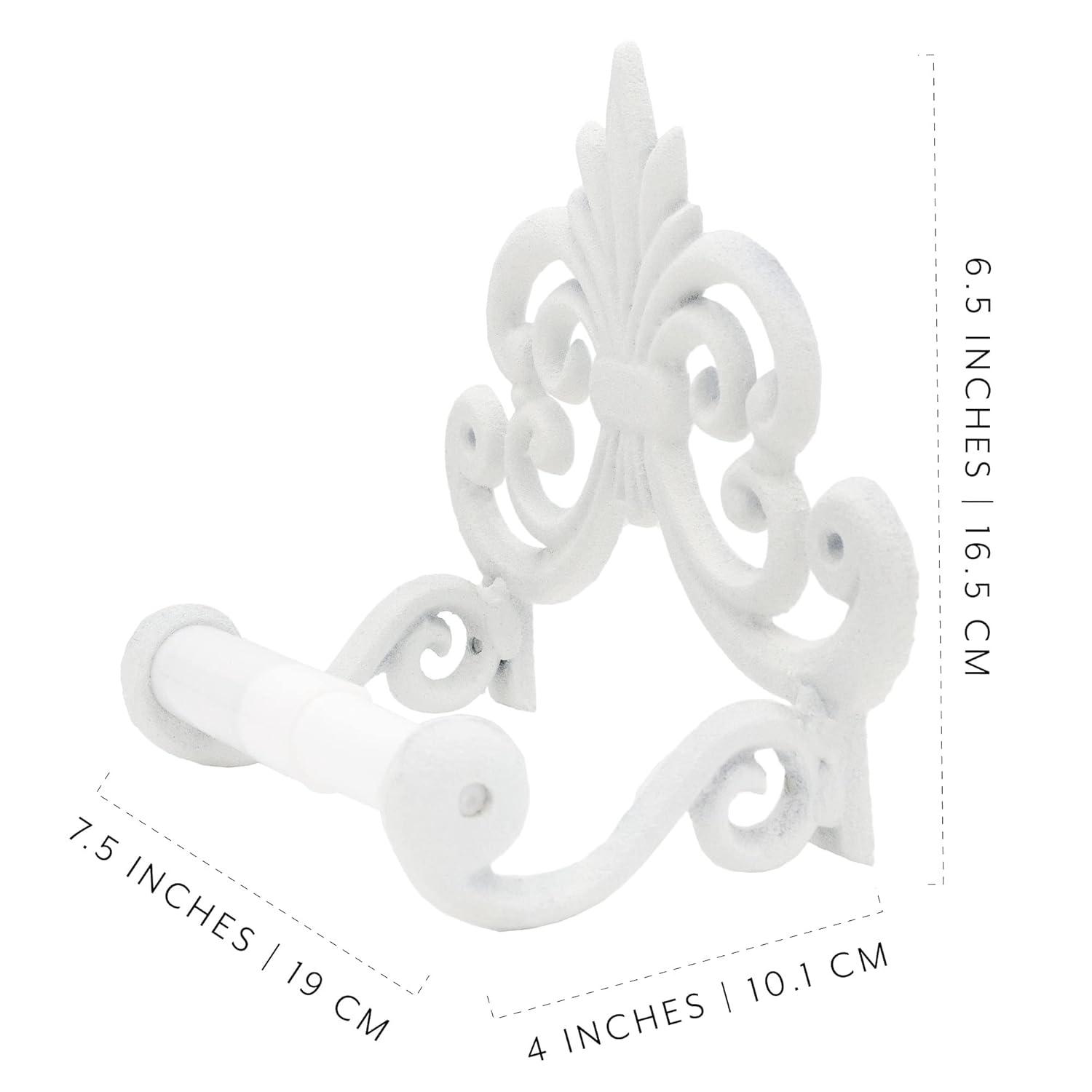 AuldHome Design White Farmhouse Cast Iron Toilet Paper Holder; Wall Mount Vintage Decor Fleur de Lis TP Hanger