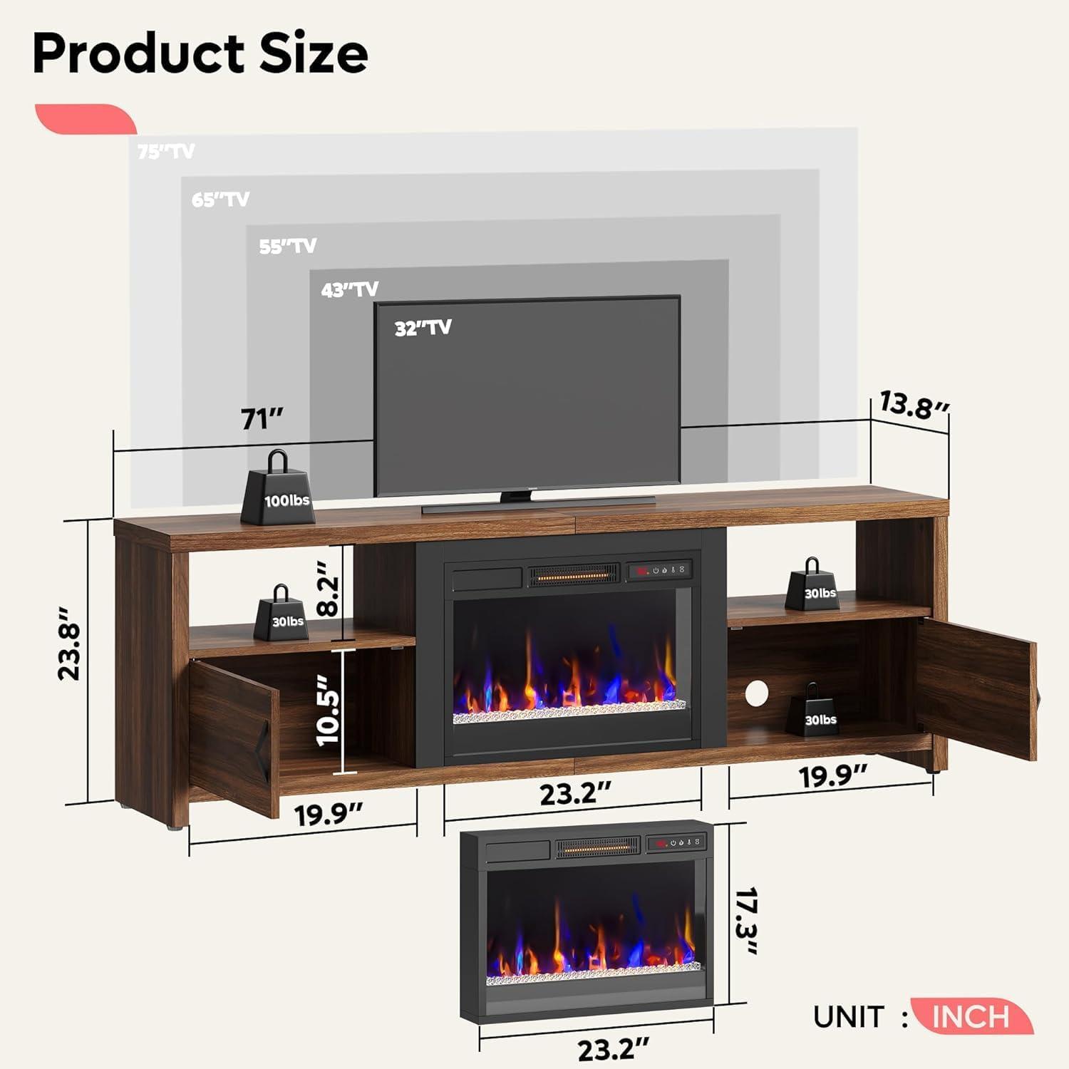 Walnut Electric Fireplace TV Stand with Cabinets for 75" TVs