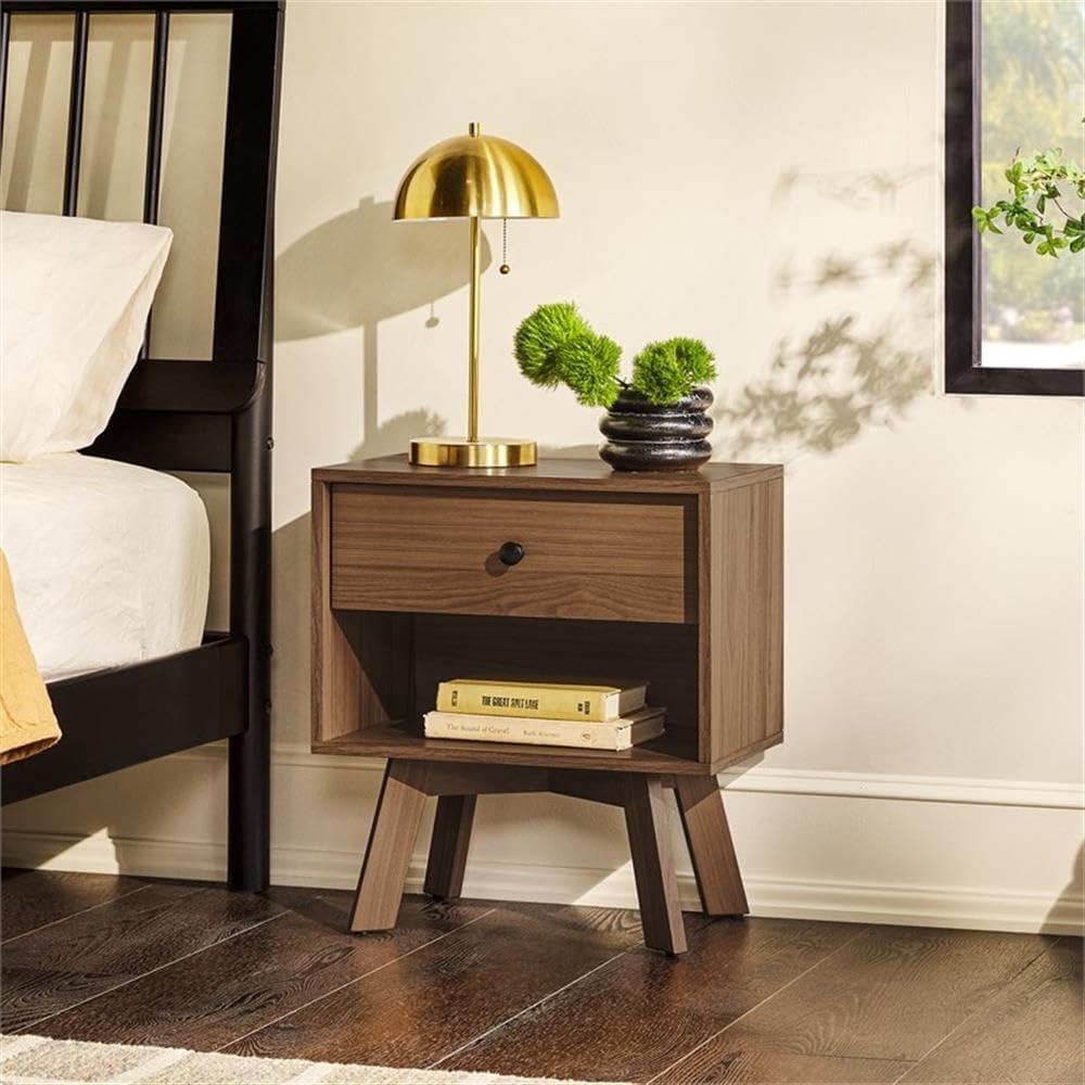 Mocha Mid-Century Modern 1-Drawer Nightstand with Open Shelf