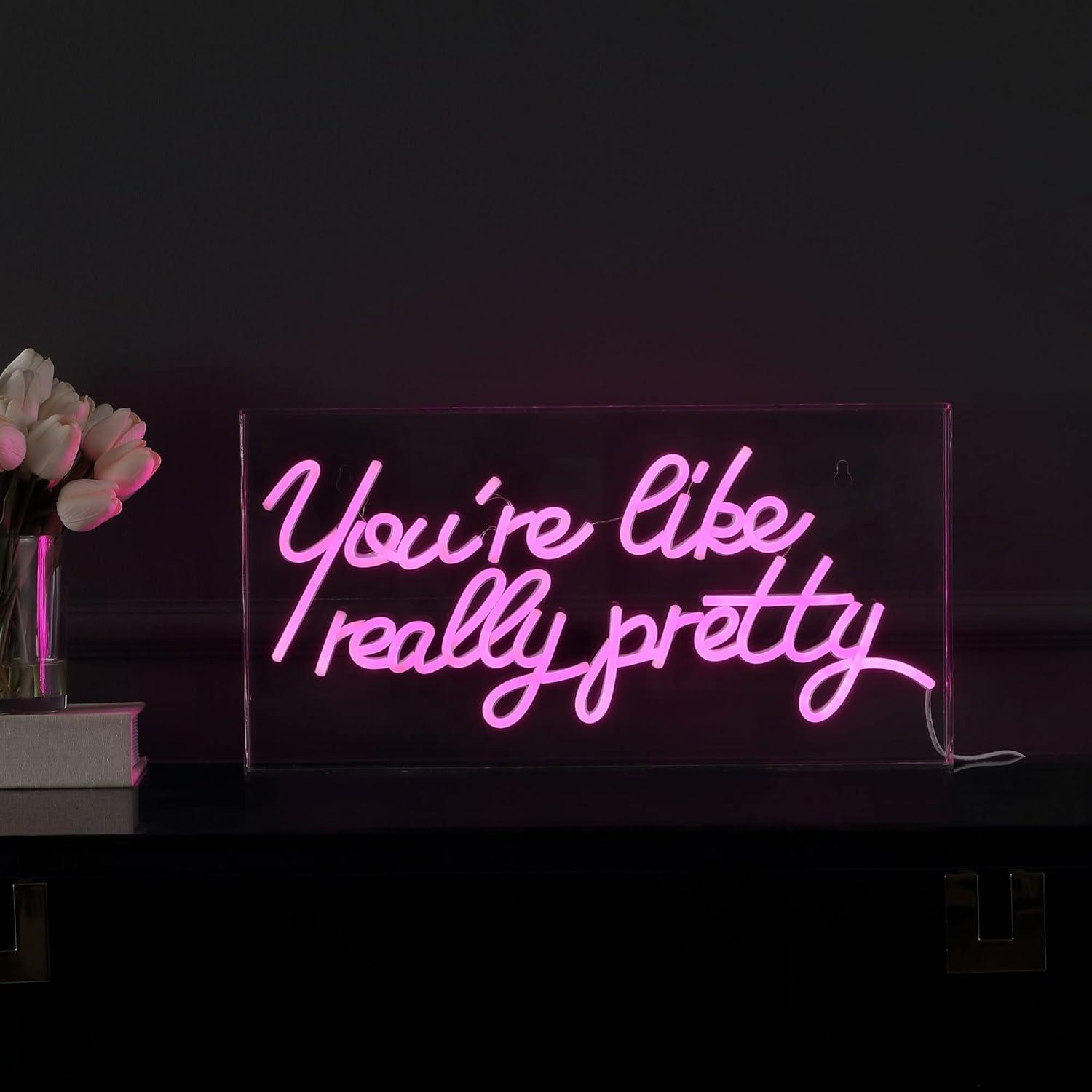 JONATHAN Y NEN1025A You're Like Really Pretty 19.6" X 10.1" Contemporary Glam Acrylic Box USB Operated LED Neon Light, Pink