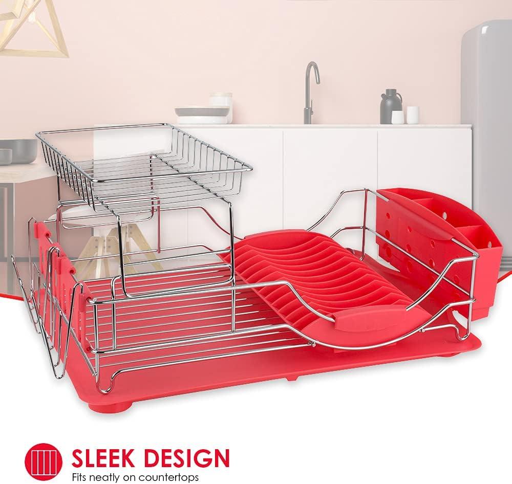 Red 2-Tier Metal Dish Drying Rack with Utensil Cup