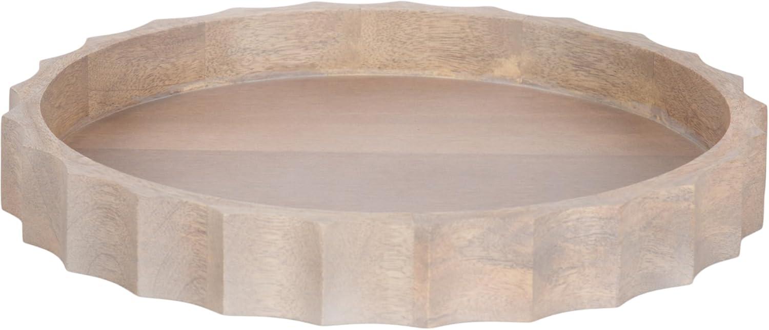 Natural Mango Wood Round Tray with Wavy Design, 15 Inch