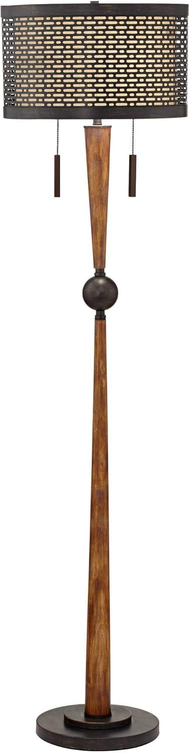 Franklin Iron Works Modern Mid Century Farmhouse Rustic Floor Lamp 64" Tall Bronze Cherry Wood Metal Cream Double Drum Shade for Living Room Reading