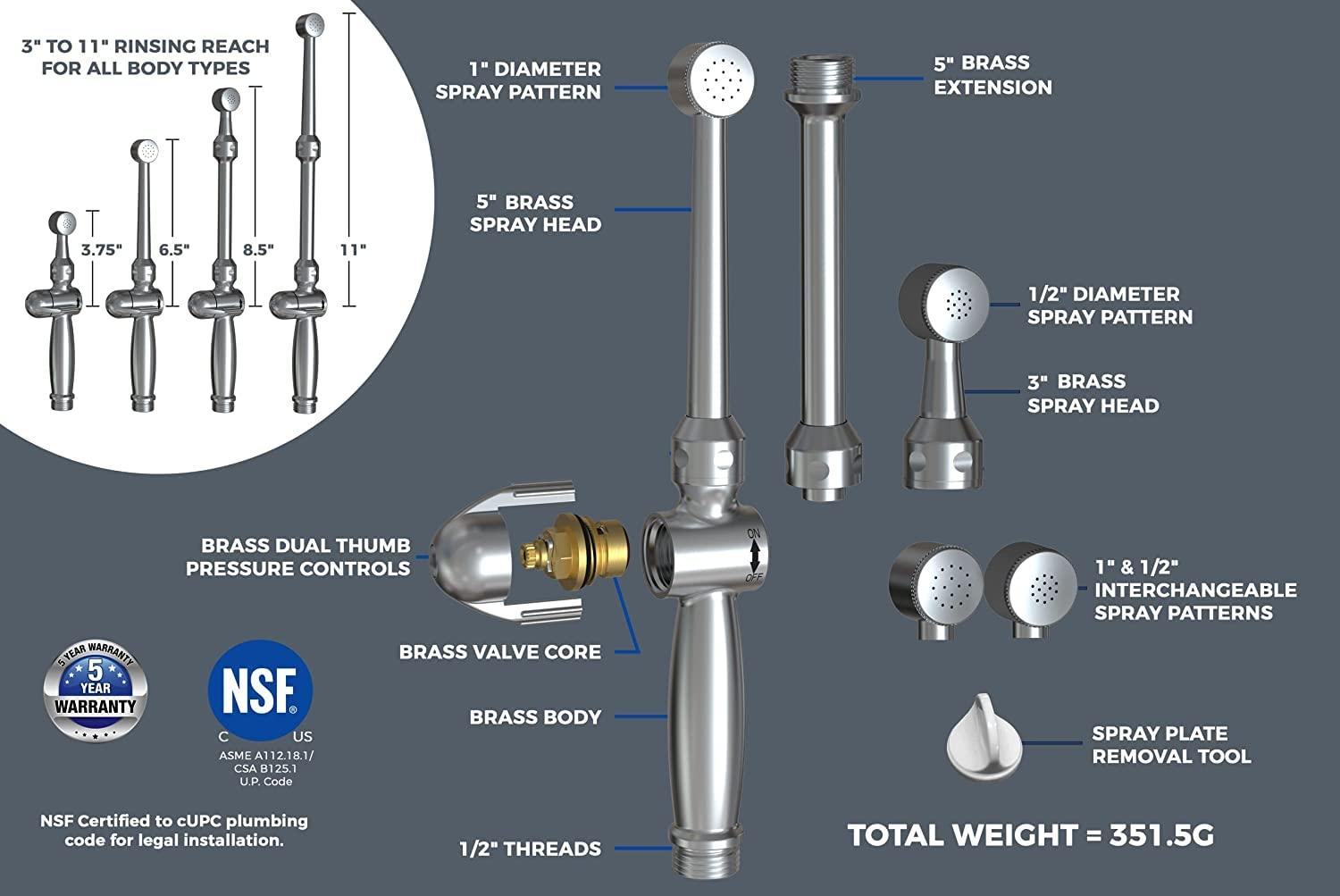 Patented Aquaus 360 Bidet for Faucet with Brass Sprayer- Warm Water Bidet – Dual Thumb Pressure Controls - Adjustable Spray Pressure - Extended Spray Reach 4’’ to 11’’