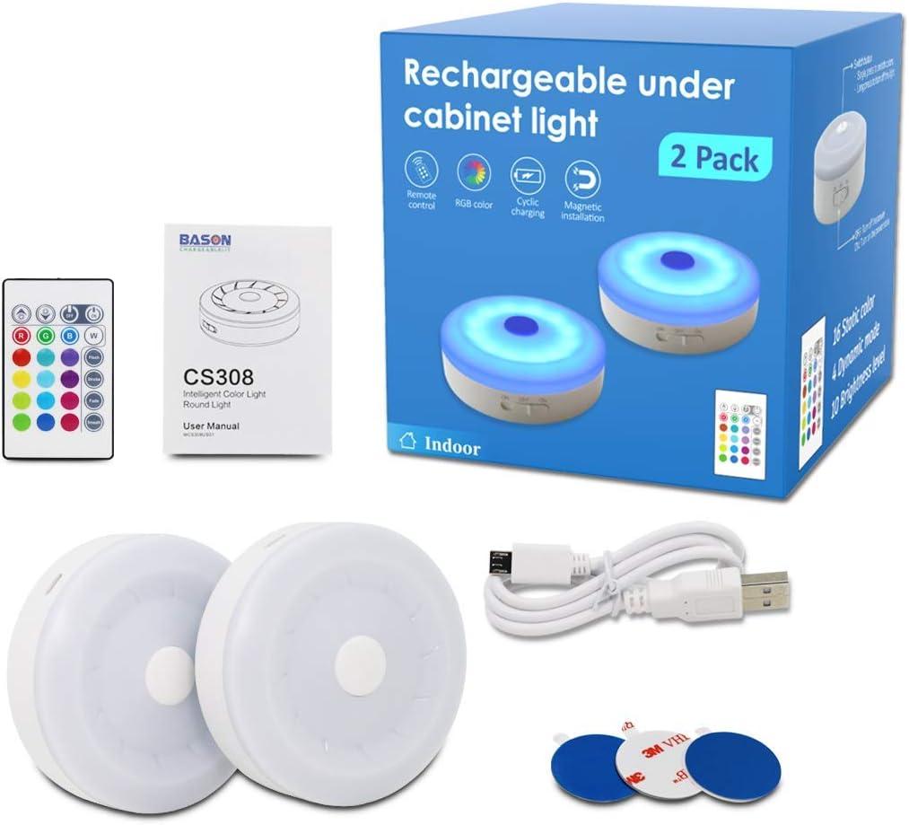 BASON LIGHTING Rechargeable Puck Lights with Remote, Color Changing Lights, Under Cabinet led Lighting, RGB Wireless Light for Kitchen, Closet, Display Case, 2 Pack