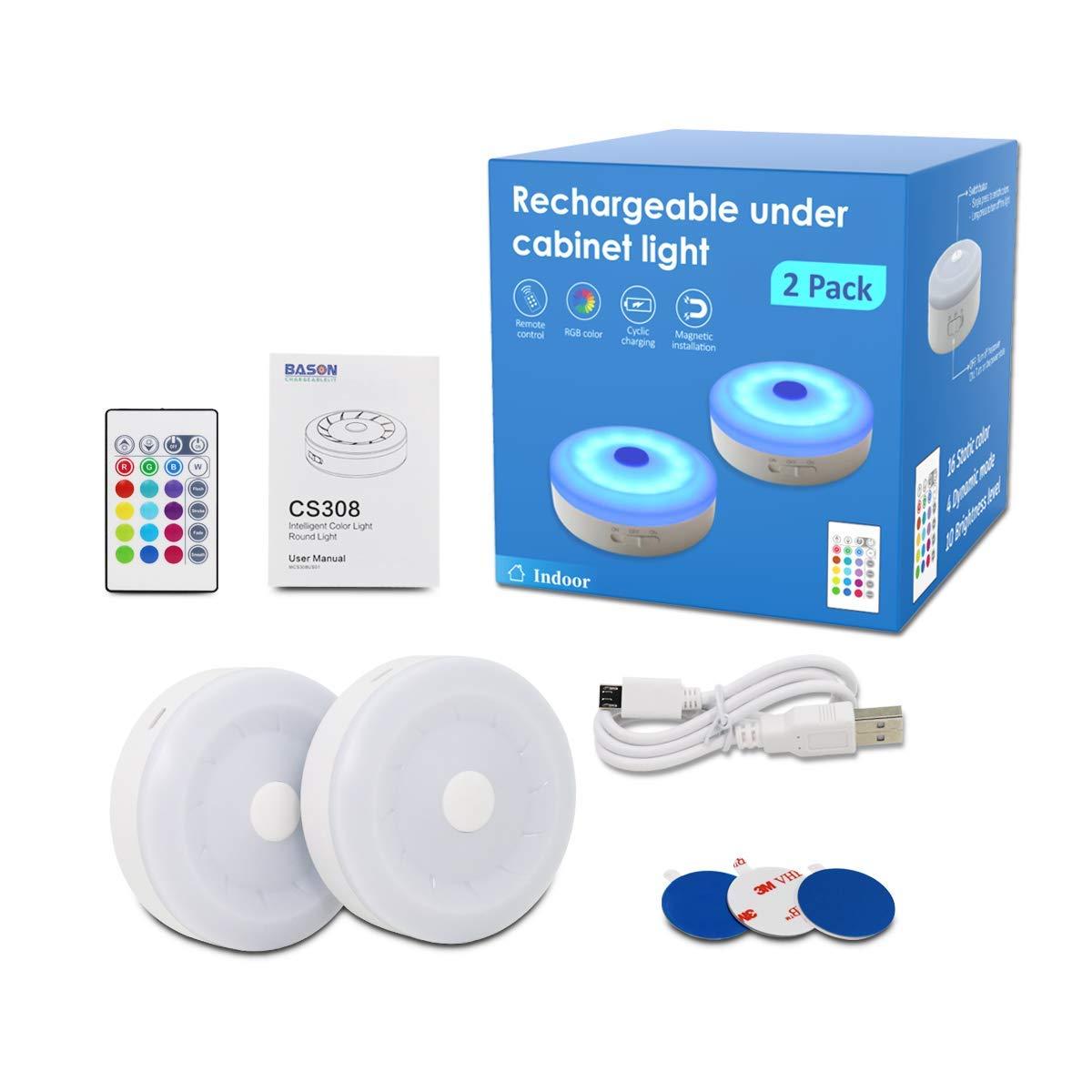 BASON LIGHTING Rechargeable Puck Lights with Remote, Color Changing Lights, Under Cabinet led Lighting, RGB Wireless Light for Kitchen, Closet, Display Case, 2 Pack