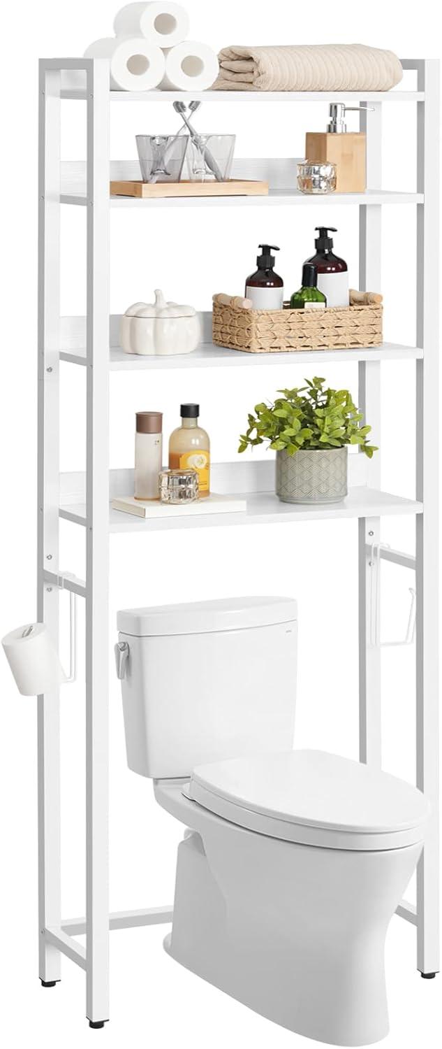 Over The Toilet Storage Rack, 4 Tier Bathroom Organizer Over Toilet, Freestanding Space Saver Toilet Stand with 2 Hooks, Bathroom Storage Shelf, Easy to Assemble, White TSBW0401