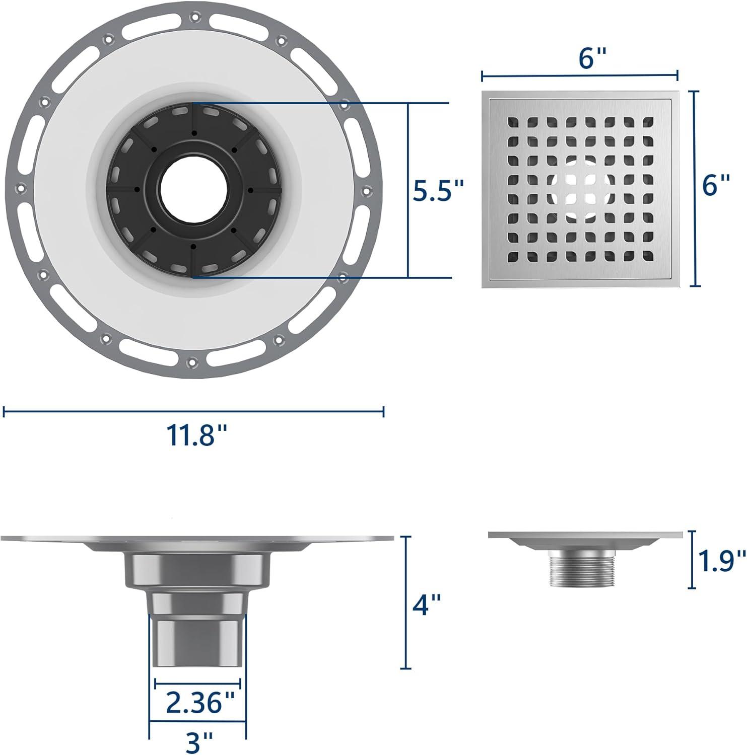 6" Square Brushed Stainless Steel Shower Drain with PVC Flange