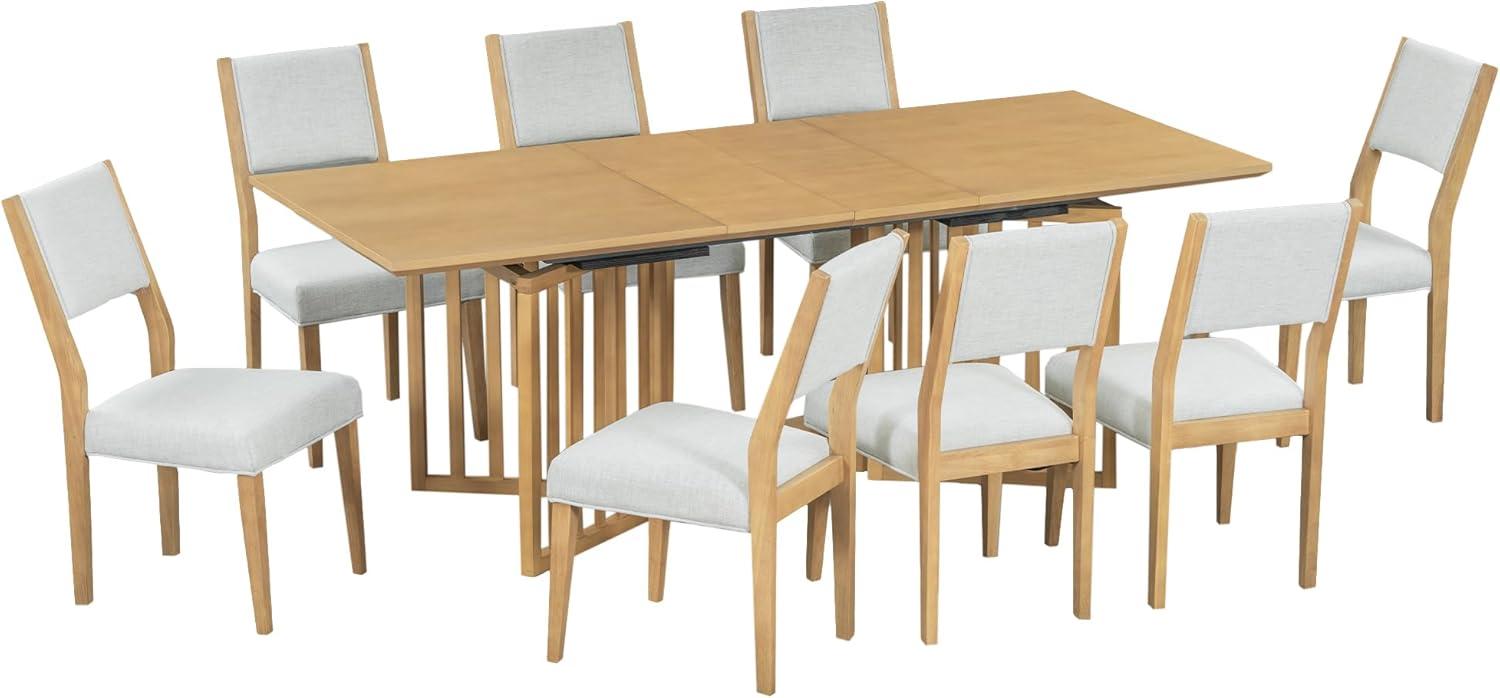 Natural Extendable Dining Table Set with 8 Upholstered Chairs