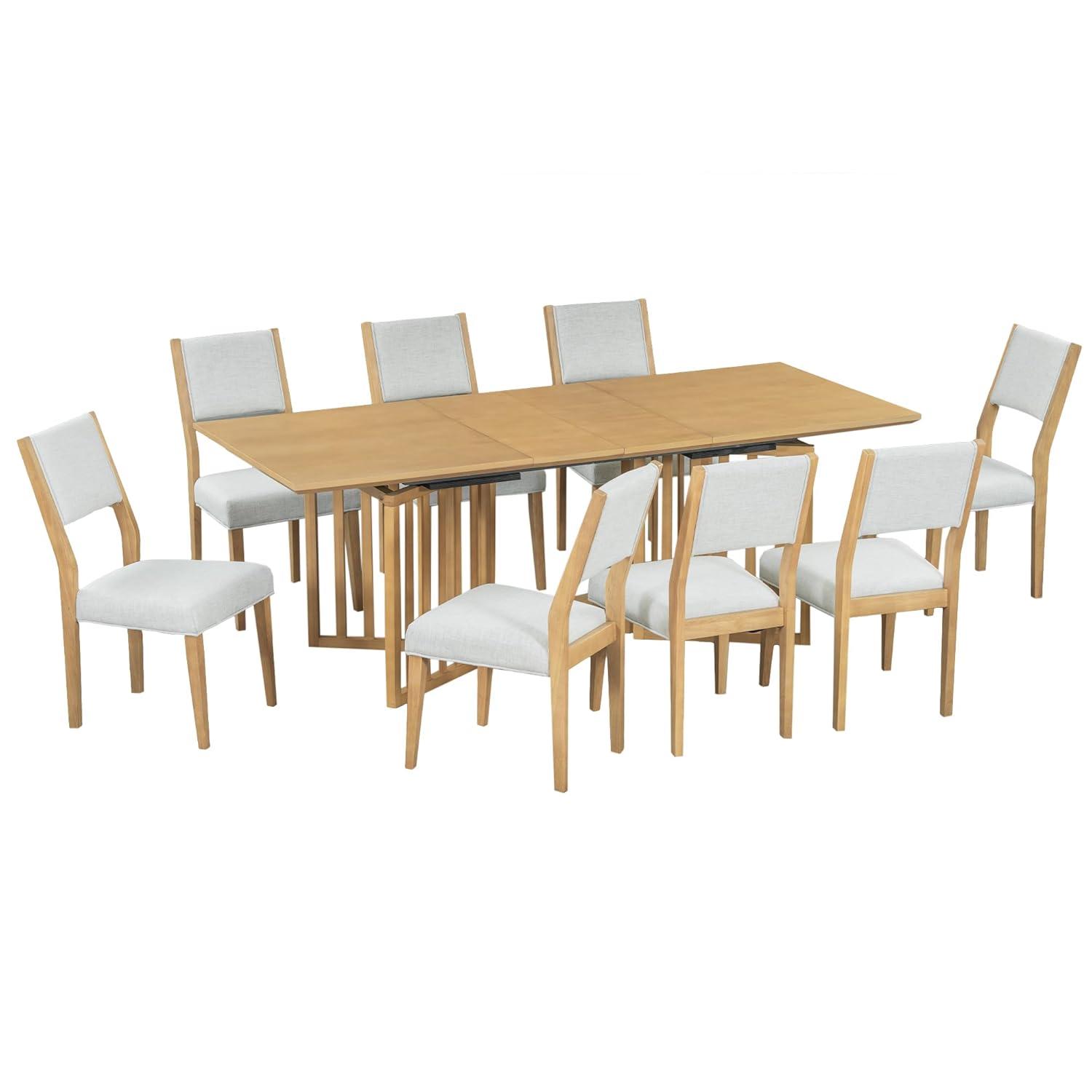 Bellemave 9-Piece Extendable Dining Table Set Rectangular Kitchen Table Set with 8 Chairs for 8, Dining Table and 8 Chairs Set with 2 12-inch Removable Leaves for Kitchen, Dining Room (Natural)