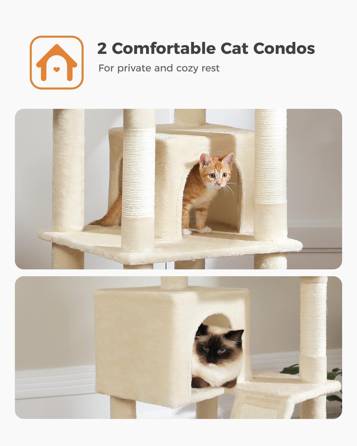 Tall Cat Tree 70.9", Large Cat Tower for Indoor Cats, Multi-Level Plush Cat Condo with 6 Scratching Posts, 2 Scratching Boards, 2 Perches, 2 Caves, Hammock, 2 Pompoms, Beige