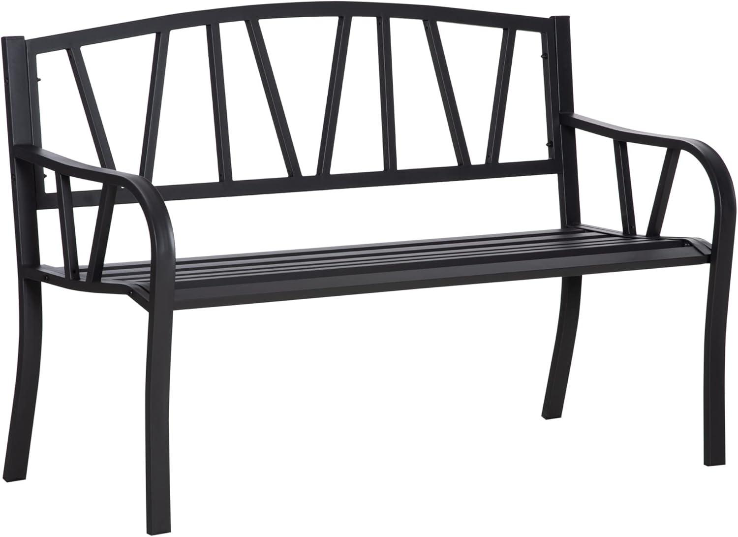 Outsunny Metal Garden Bench, Black Outdoor Bench for 2 People, Park-Style Patio Seating Decor with Armrests & Backrest, Black