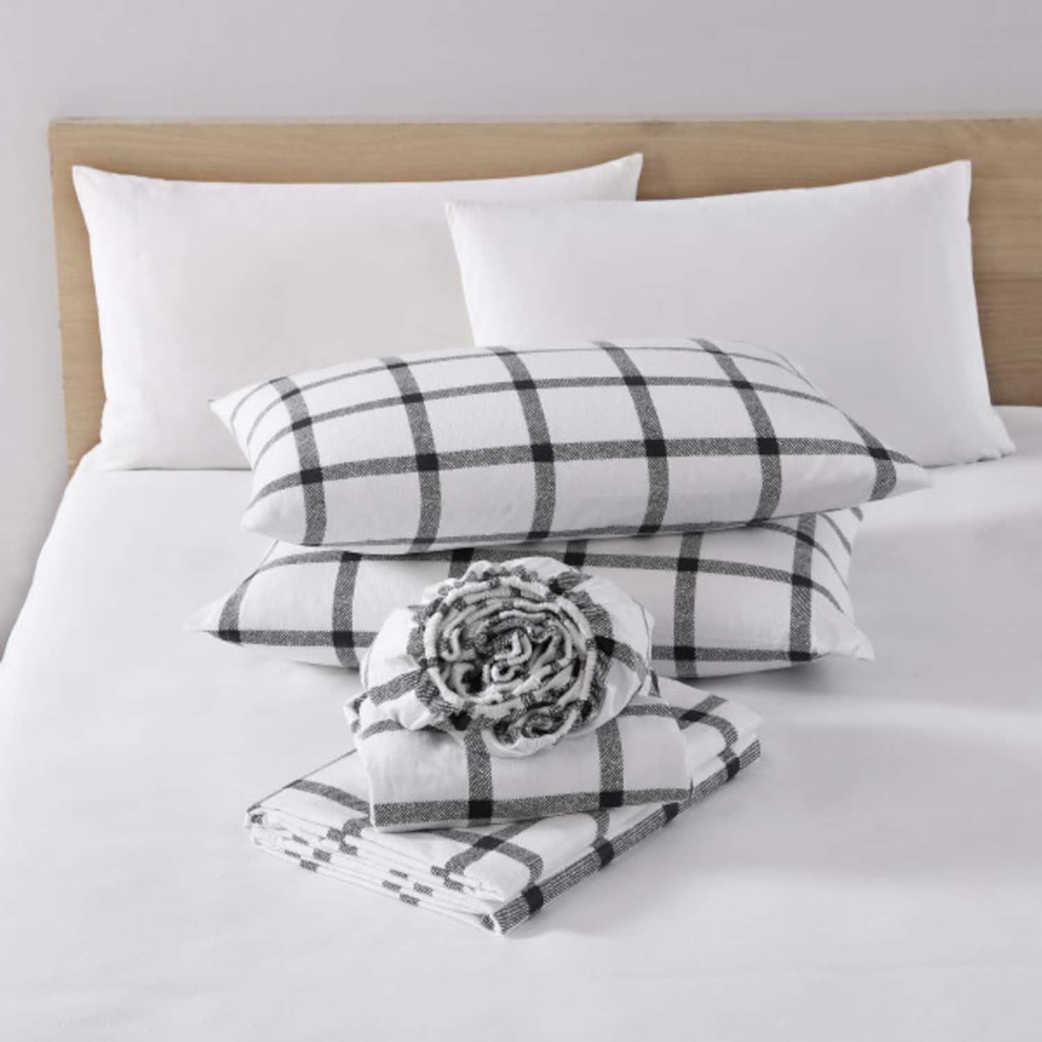 Queen White and Gray Plaid Cotton Flannel Sheet Set