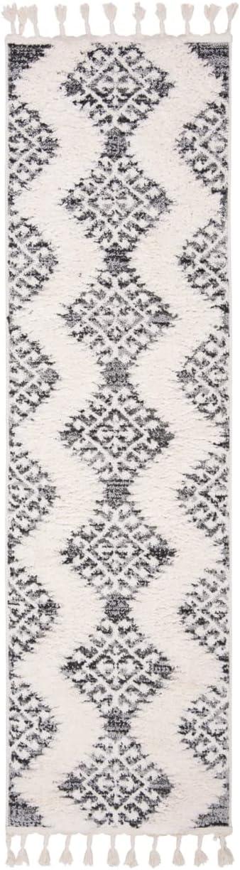 Ivory and Grey Diamond Pattern Shag Runner Rug with Tassels