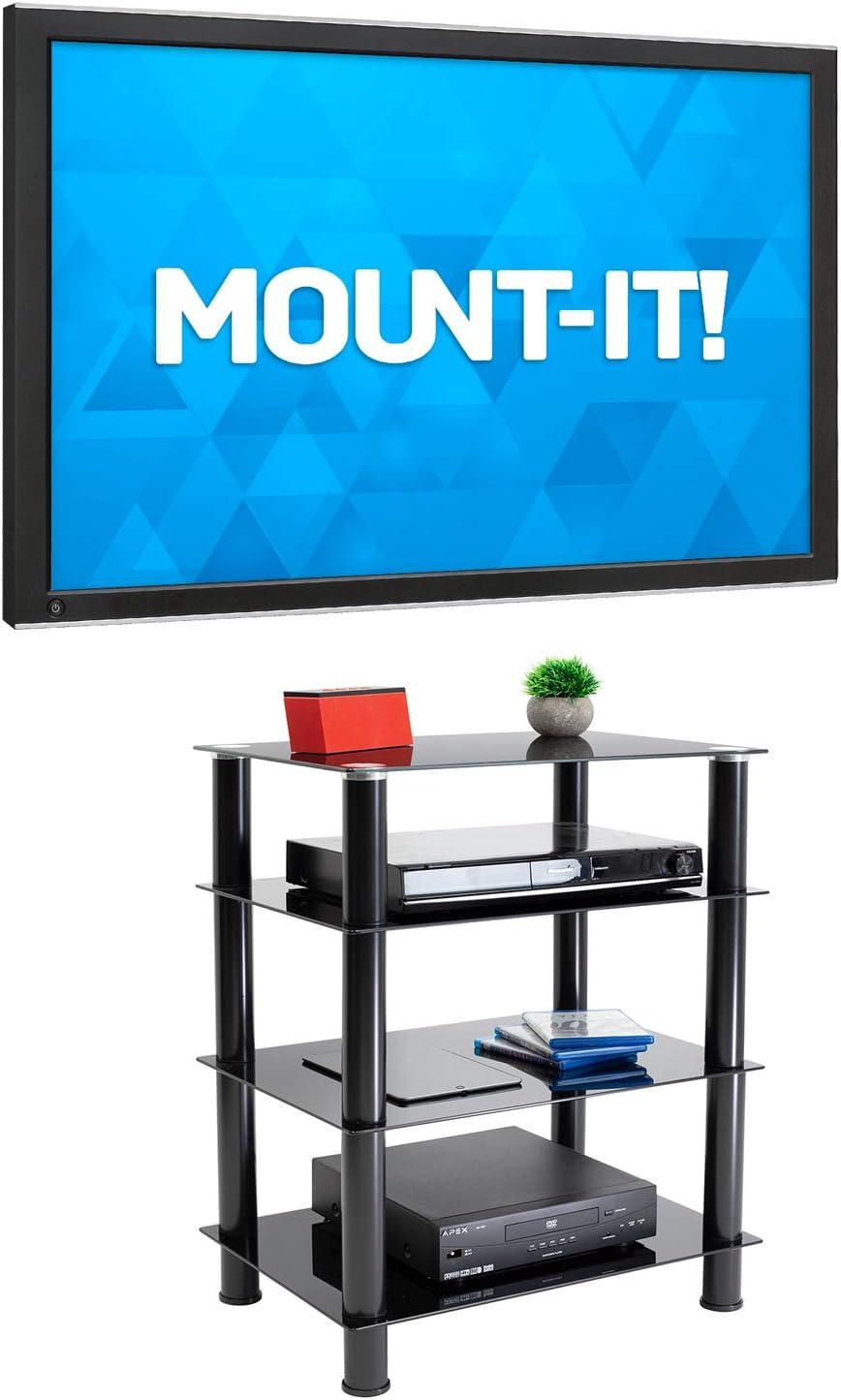 Mount-It! Tempered Glass AV Component Media Stand | Audio Tower & Media Center with 4 Shelves, Black