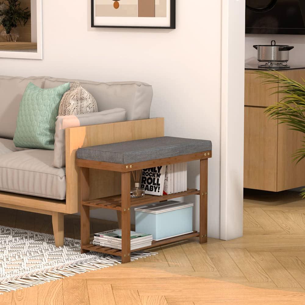 Bamboo Shoe Rack Bench with Gray Cushioned Seat