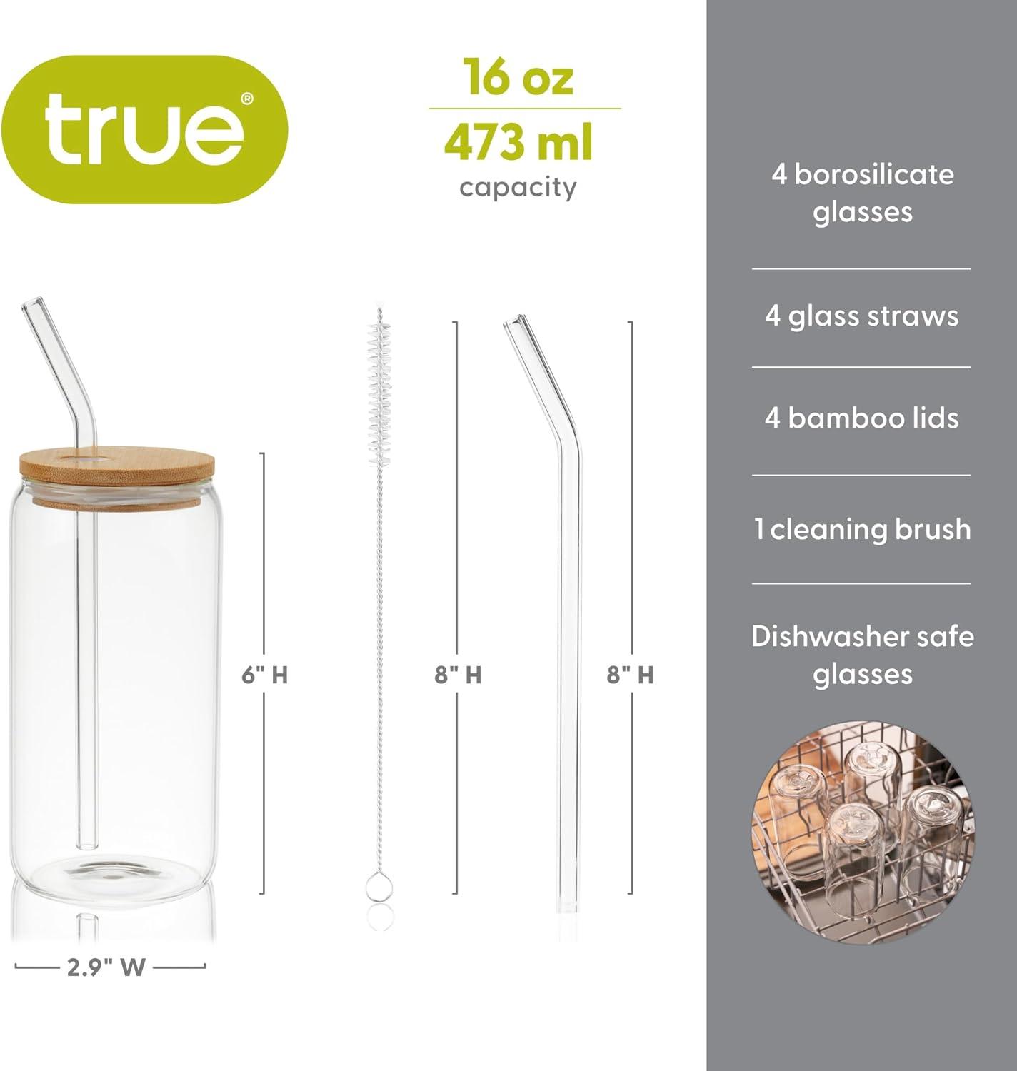 Clear Glass Travel Tumblers with Bamboo Lids and Straws, 16 oz, Set of 4