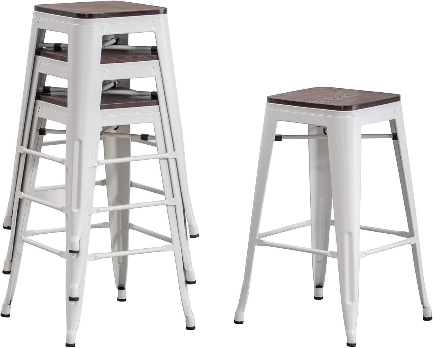 Cream White and Wood Saddle Style Swivel Bar Stools