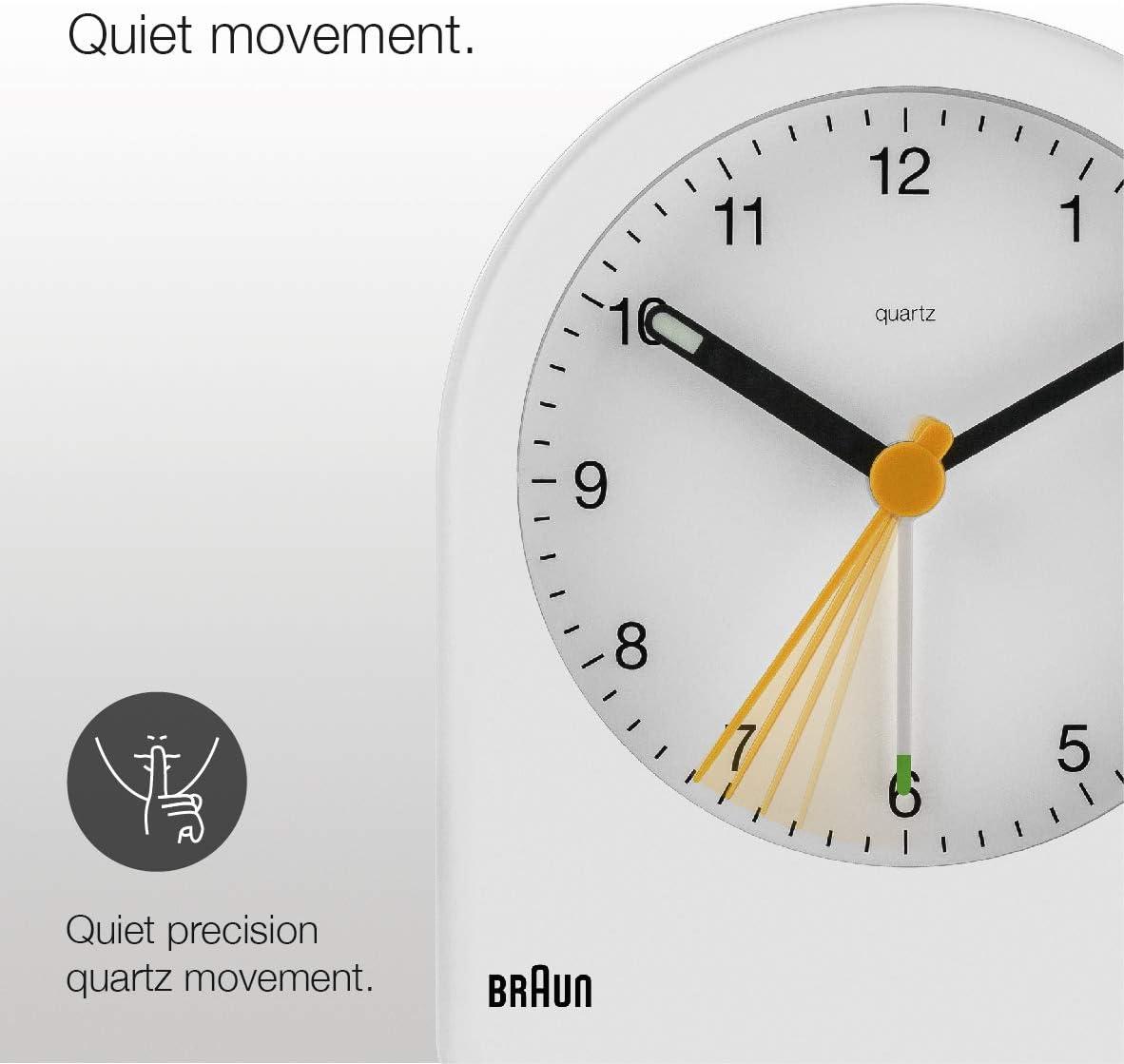 Braun Classic Analogue Alarm Clock with Snooze and Continuous Backlight, Quiet Quartz Movement, Crescendo Beep Alarm in White, model BC22W.