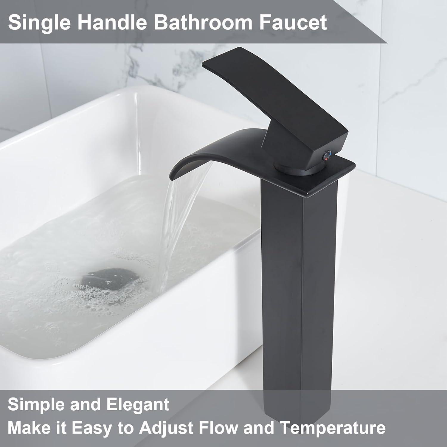 Waterfall Bathroom Faucet Single Handle，Bathroom Sink Faucet 1 Hole，Waterfall Faucet for Bathroom Sink，Vessel Sink Faucet Matte Black Tall Bathroom Faucet