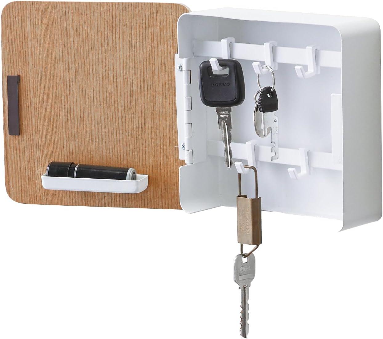 Yamazaki Home Square Magnetic Key Cabinet, Wood Accented Keychain Organizer, Steel + Wood, Magnetic