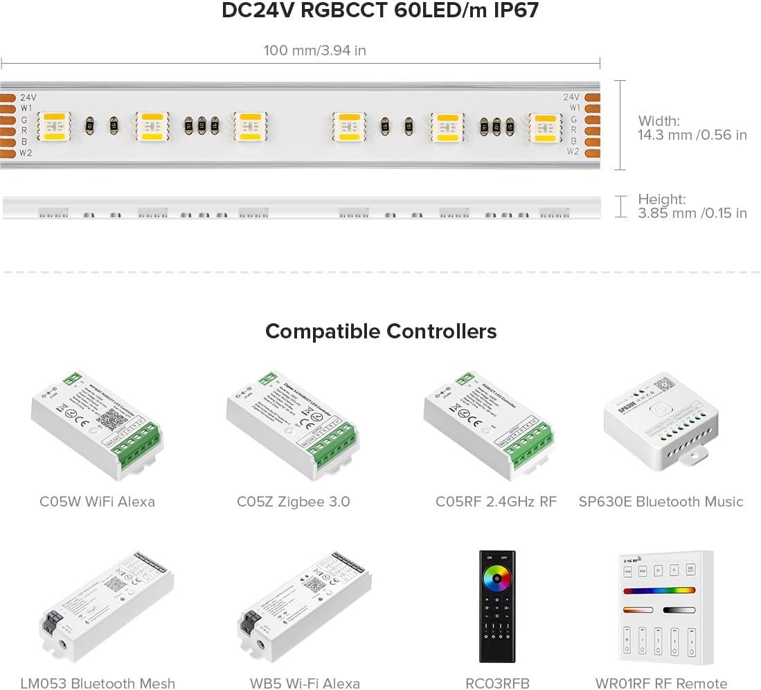 BTF-LIGHTING RGBCCT 5 Colors in 1 LED 5050SMD RGBWW RGB+Dimmable Tunable Color Temperature 2700K-6500K 16.4ft 60LEDs/m 300LEDs DC24V Multi-Colored Tape Lights IP30 White PCB(No Adapter or Controller)