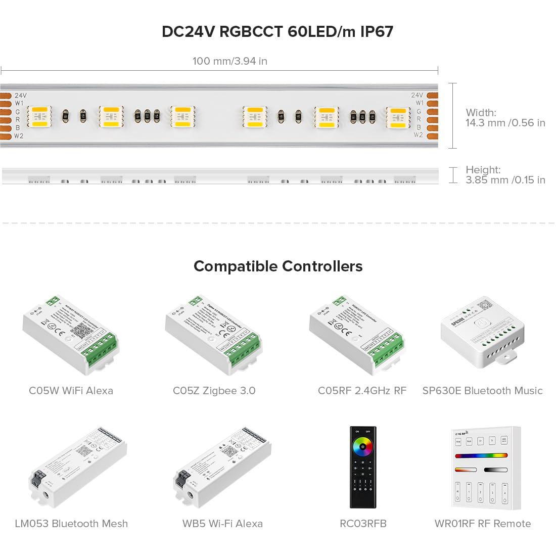 BTF-LIGHTING RGBCCT 5 Colors in 1 LED 5050SMD RGBWW RGB+Dimmable Tunable Color Temperature 2700K-6500K 16.4ft 60LEDs/m 300LEDs DC24V Multi-Colored Tape Lights IP30 White PCB(No Adapter or Controller)
