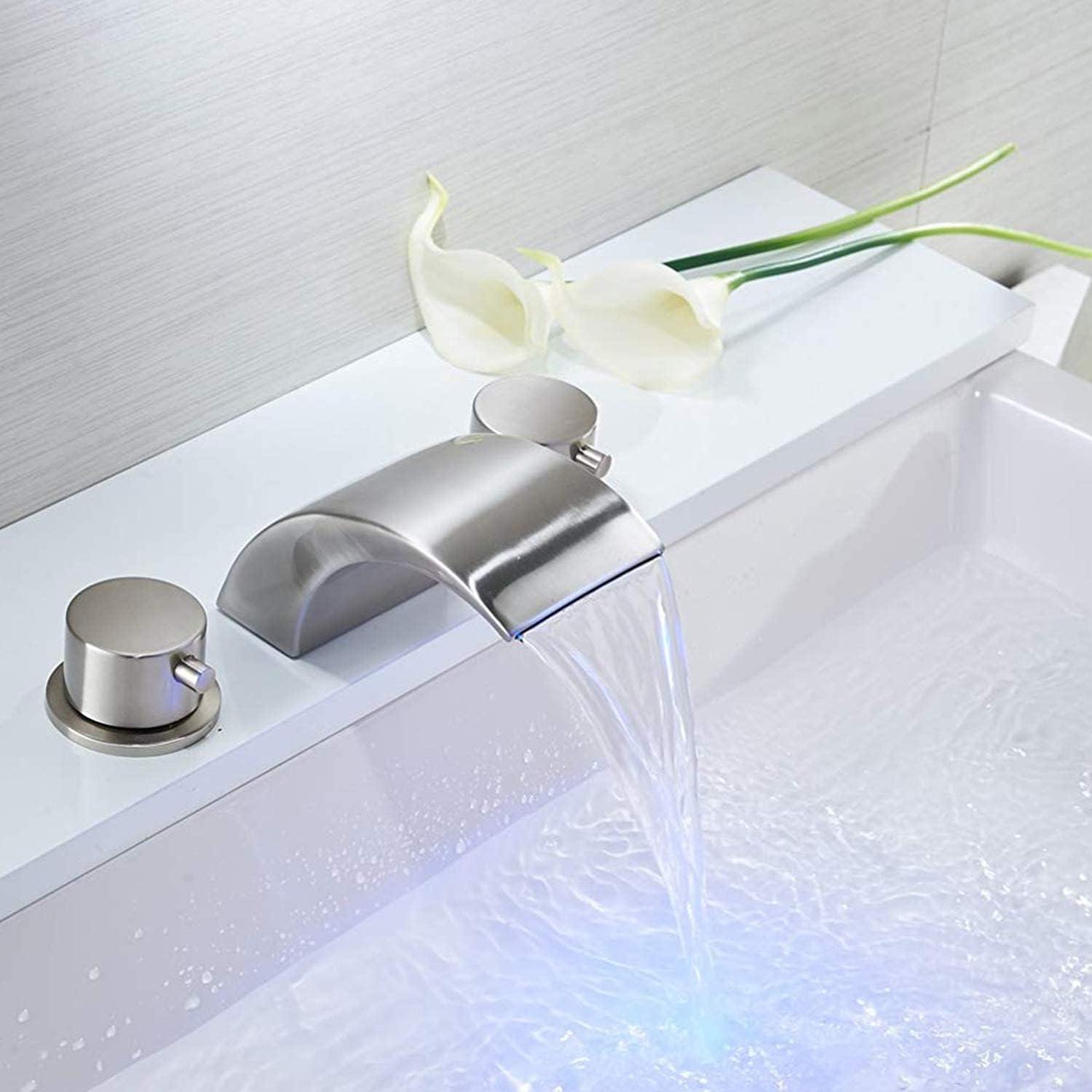 Brushed Nickel LED Waterfall Widespread Bathroom Faucet