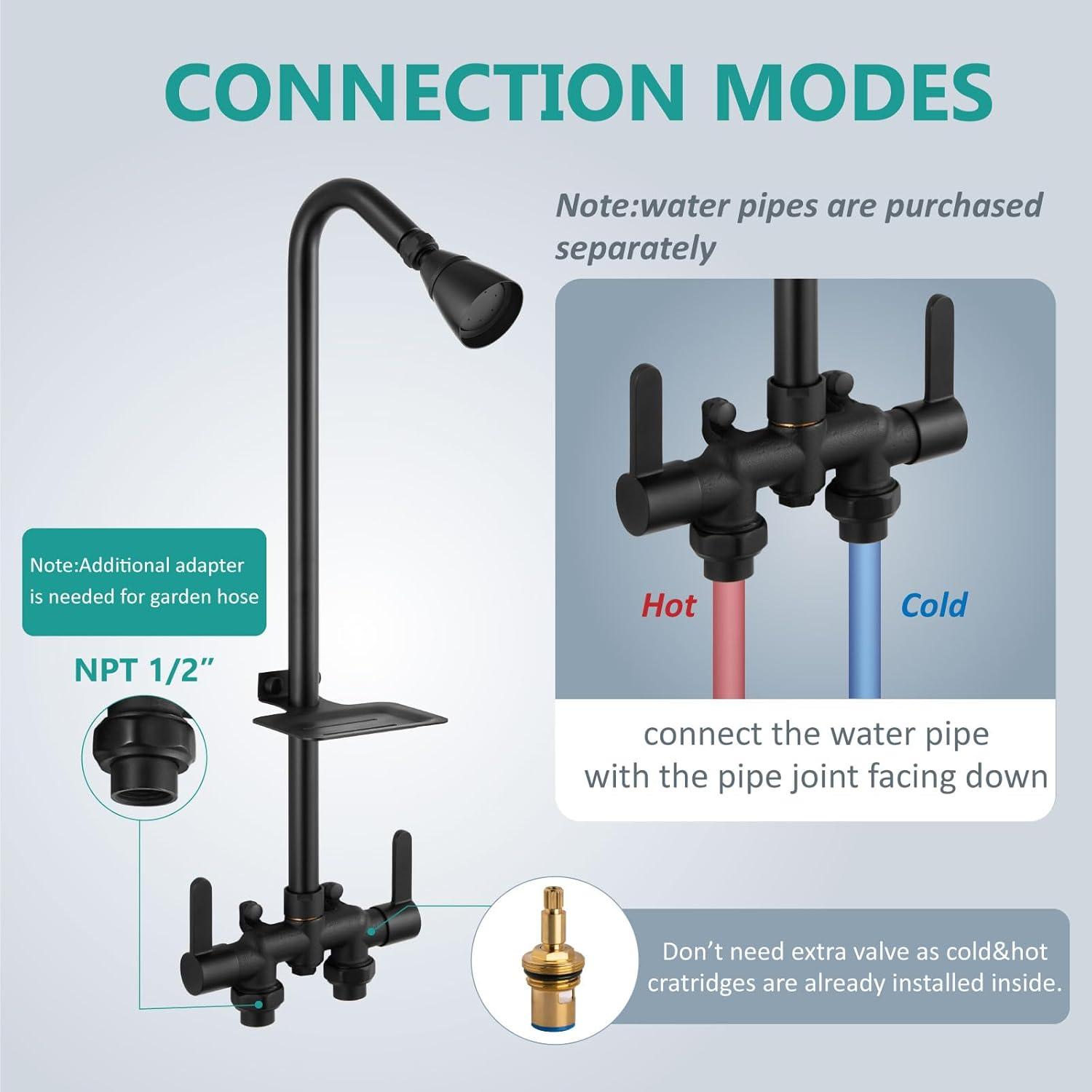 Outdoor Shower Kit,Outdoor Shower Fixtures Faucet System with Brass Showerhead,Double Handle Exposed Shower with Brass Mix Valve,6 Inch Center with Soap Dish,Pipe Upward,Polish Chrome