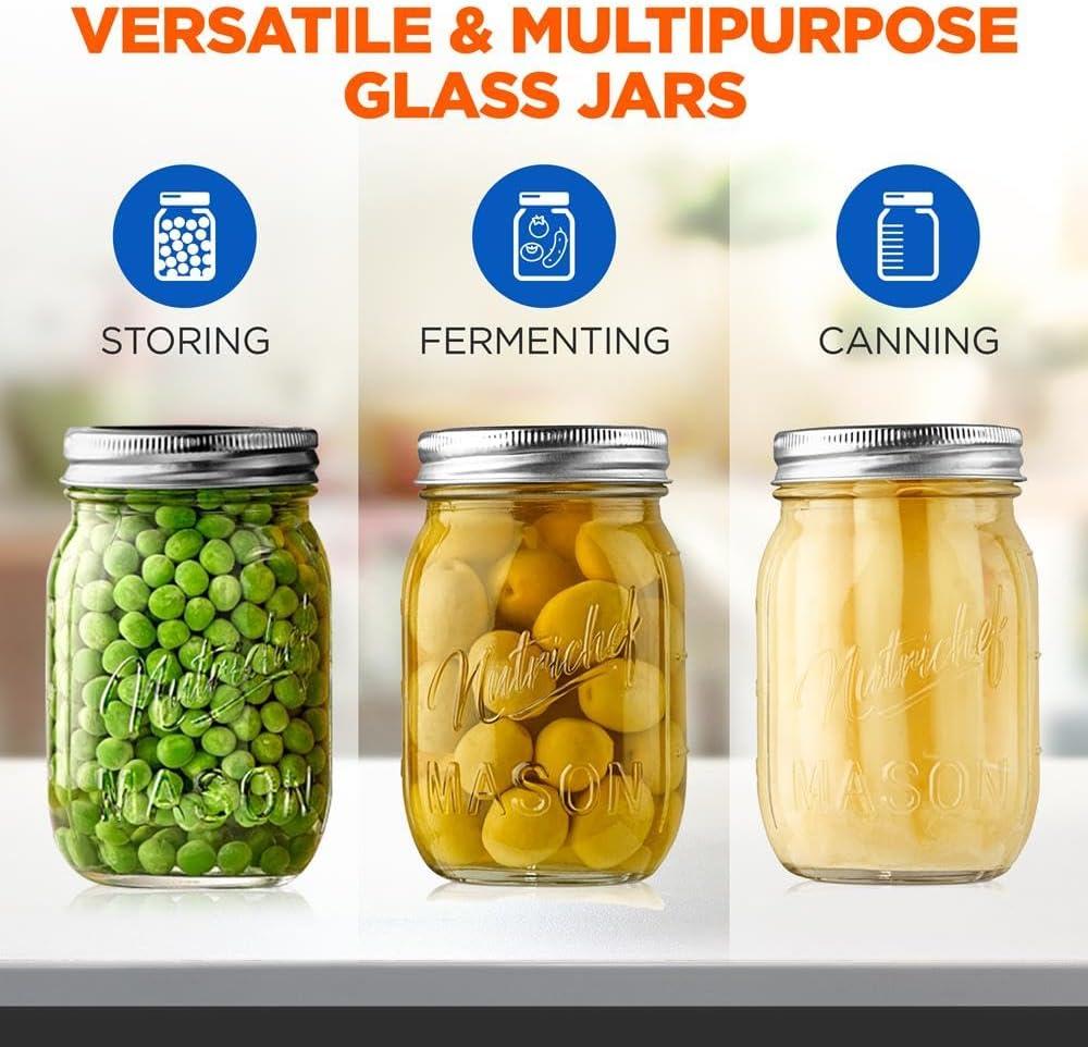 NutriChef 16 Pcs. Glass Mason Jars with Regular Lids and Bands, DIY Magnetic Spice Jars, Ideal for Meal Prep, Jam, Honey, Wedding Favors, and more