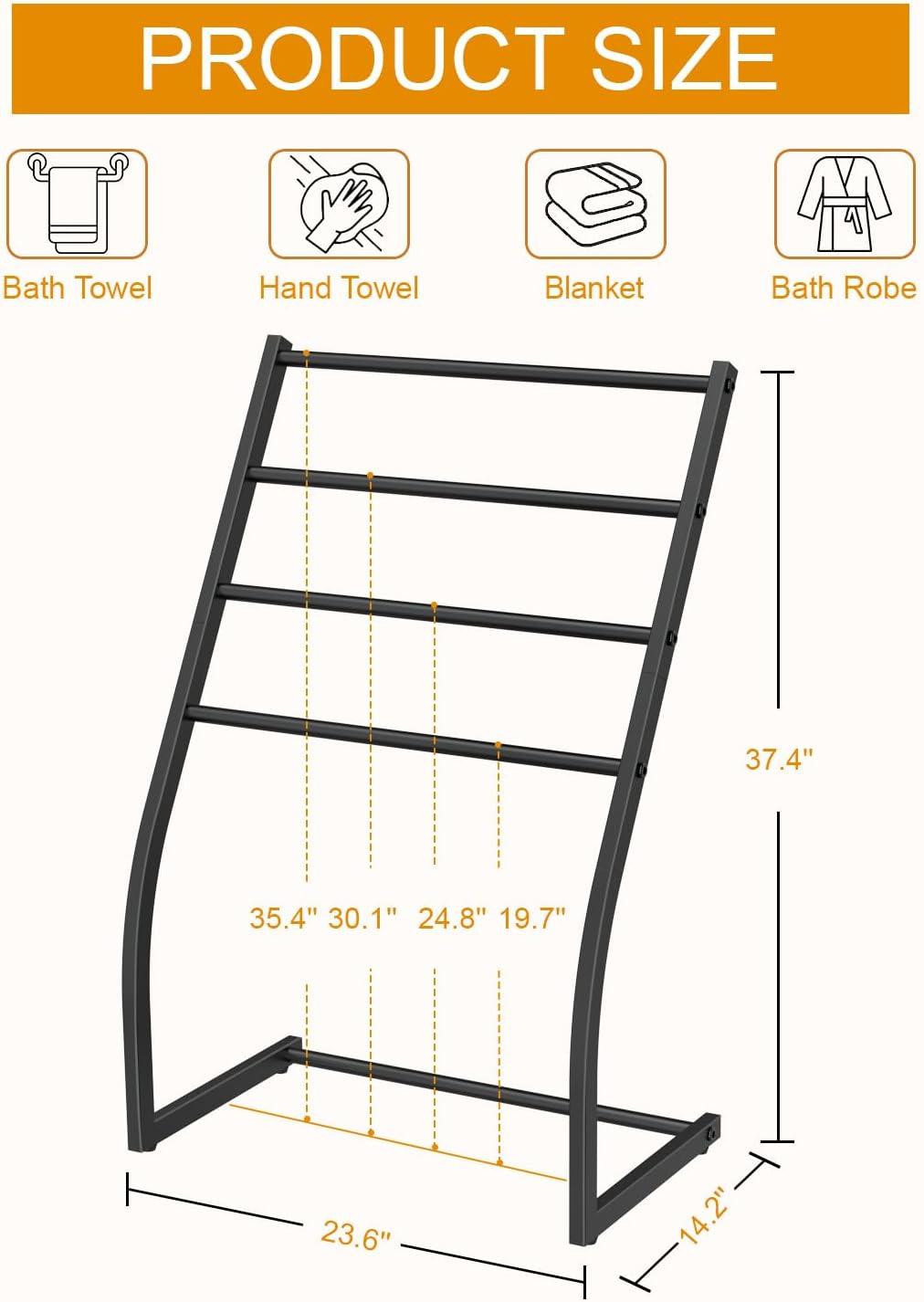 Honiter Free Standing Towel Rack, Towel Racks for Bathroom, 4 Tier Metal Towel Bar Stand, Blanket Ladder Holder, Drying & Display Rack for Oversized Bath Towels