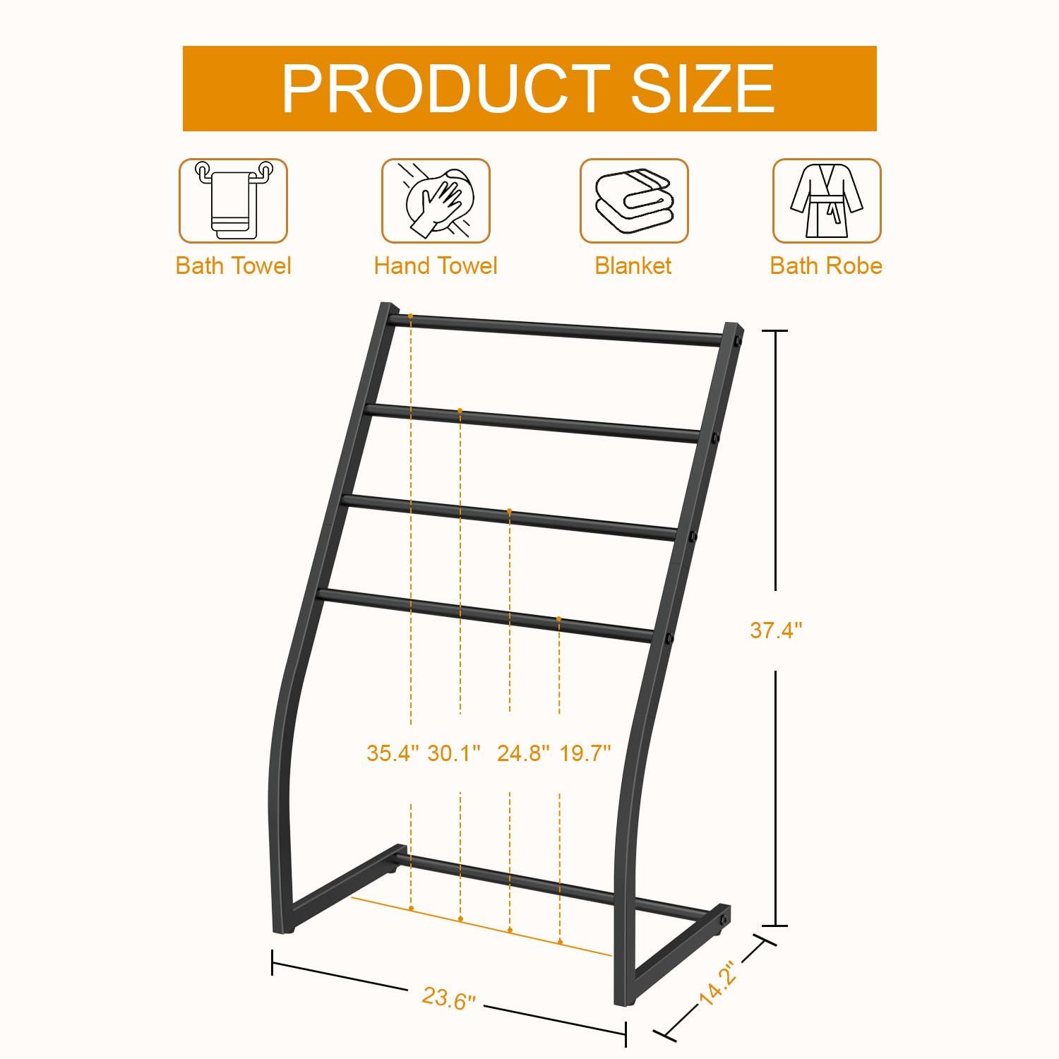 Honiter Free Standing Towel Rack, Towel Racks for Bathroom, 4 Tier Metal Towel Bar Stand, Blanket Ladder Holder, Drying & Display Rack for Oversized Bath Towels