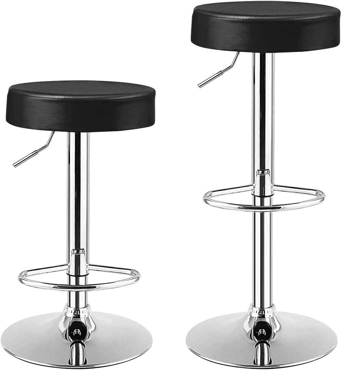 WATERJOY Adjustable Round Bar stools Set of 2, PU Seat Swivel Bar Stool with footrest