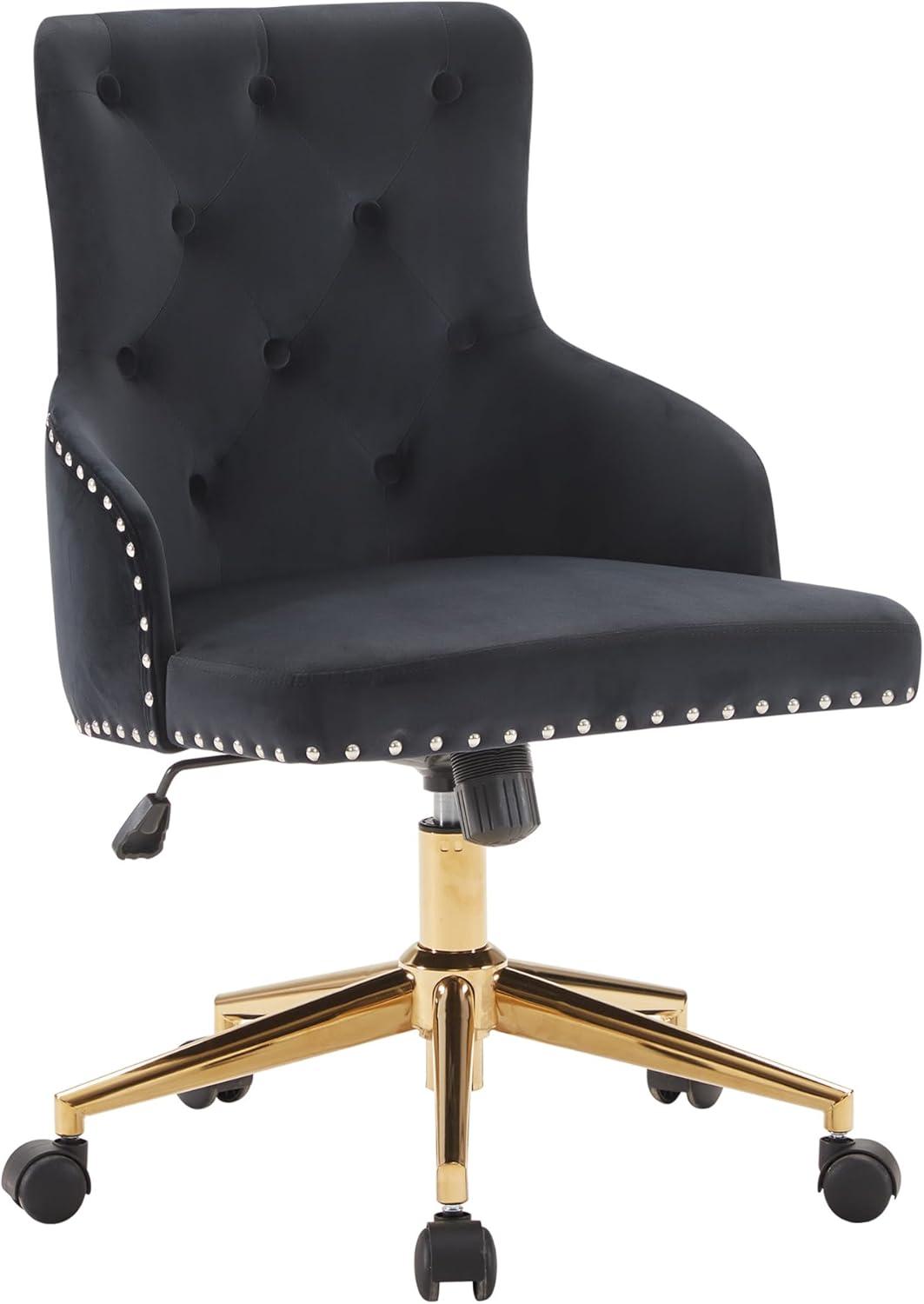 BELLEZE Belden Button-Tufted Upholstered Fabric Mid-Back Swivel Computer Desk Chair, Black & Gold