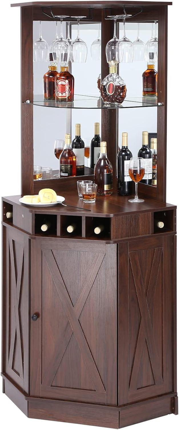 Black Walnut Corner Industrial Bar Cabinet with Glass Holder